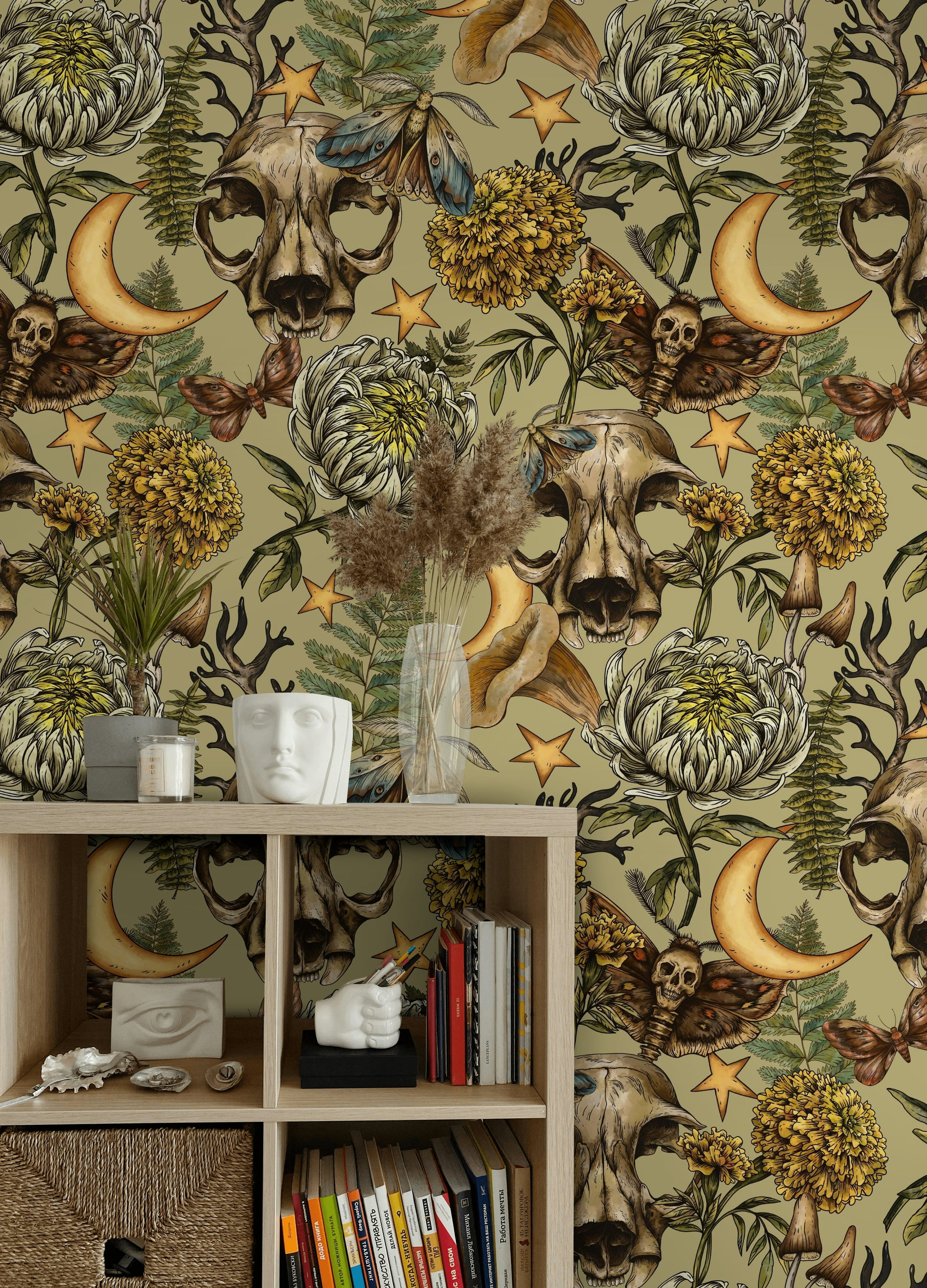 Mystical Green Skull and Botanical Fantasy Wallpaper