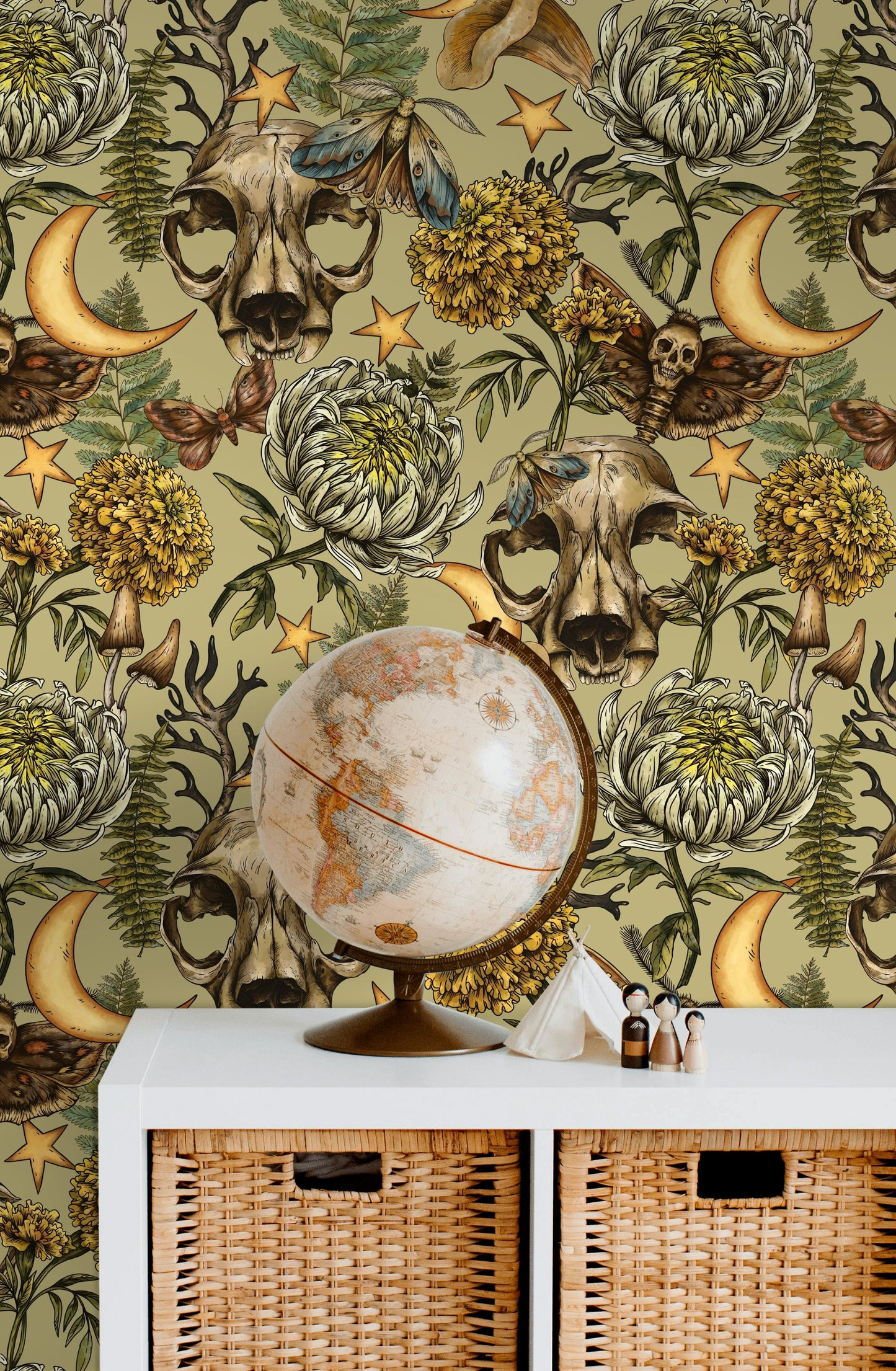 Vintage Gothic Floral Wallpaper Skulls on Sage Wall Mural