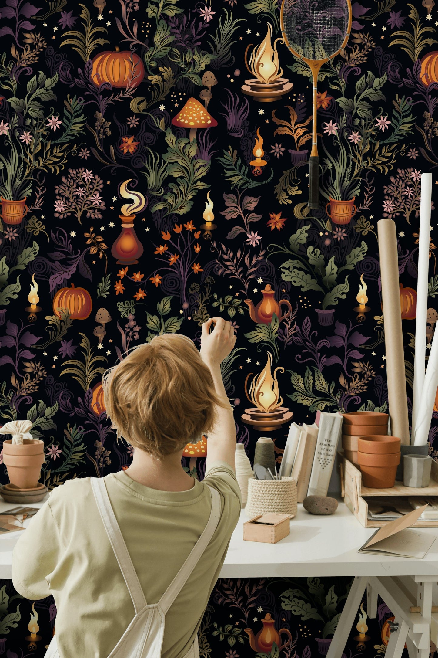 Magical Garden Wallpaper Witch Cottage Pumpkin Pattern