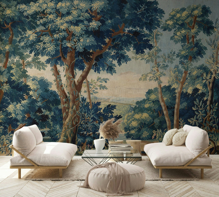 Vintage Blue and Green Forest Landscape Wall Mural