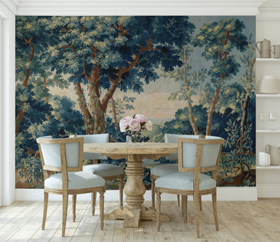 Vintage Blue and Green Forest Landscape Wall Mural - 2