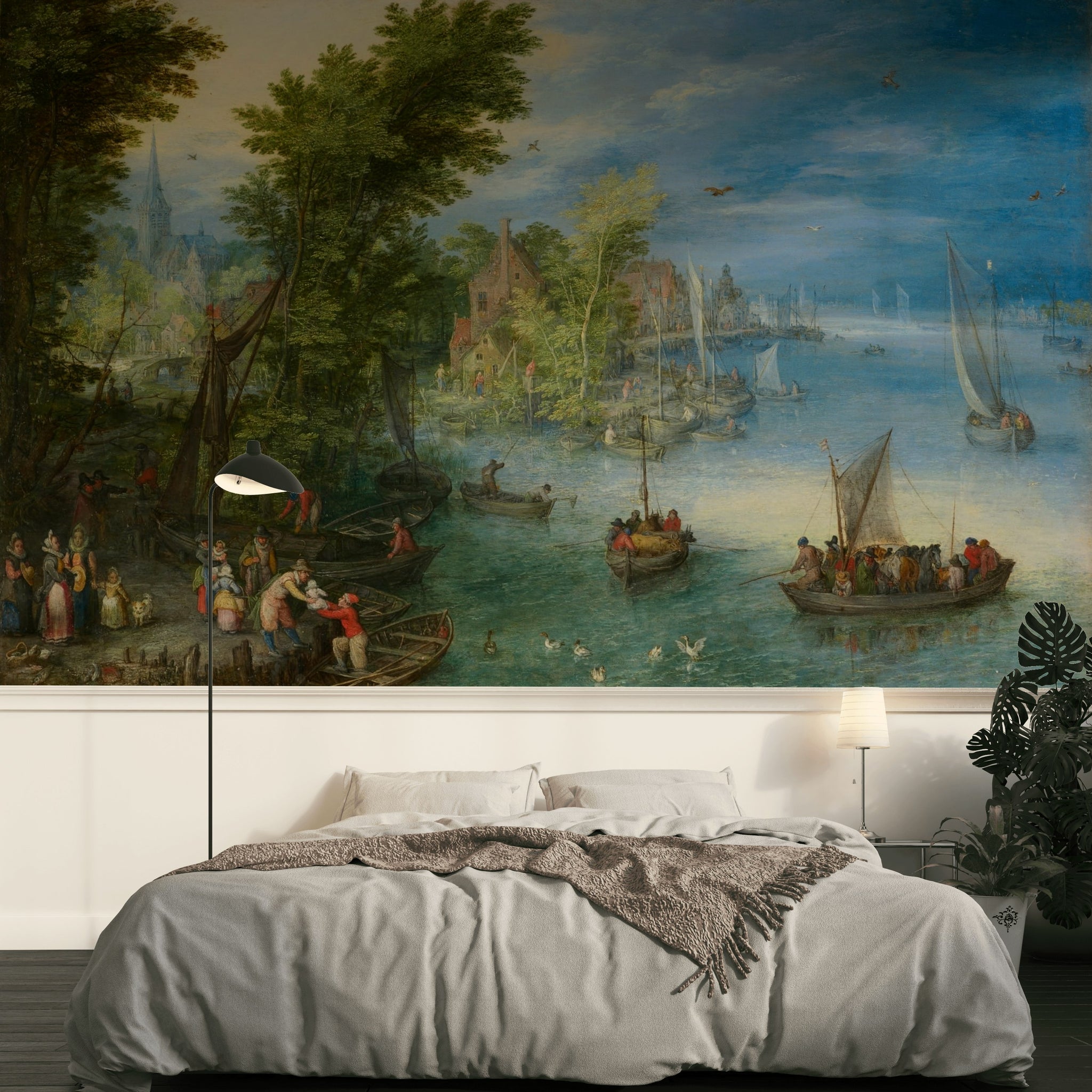 Vintage Blue and Green Lakeside Landscape Wall Mural