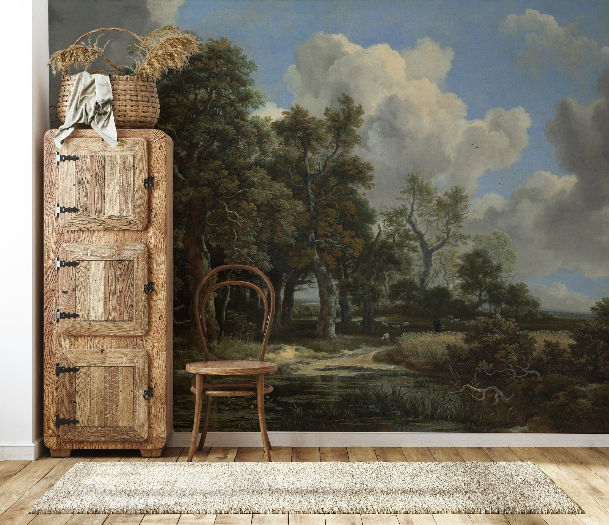 Serene Blue Sky and Forest Landscape Wall Mural