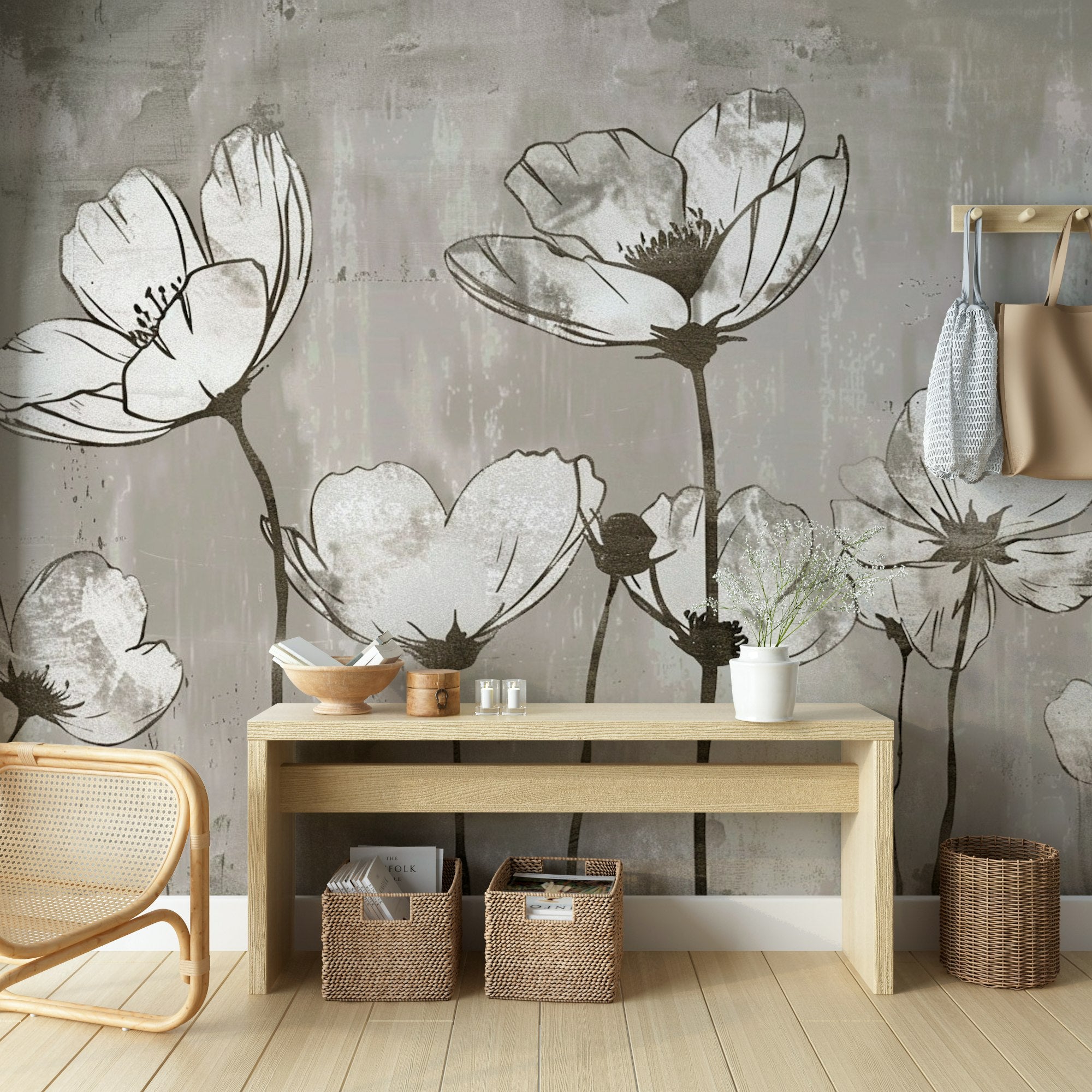 Charcoal Gray Large Flower Silhouette Wall Mural