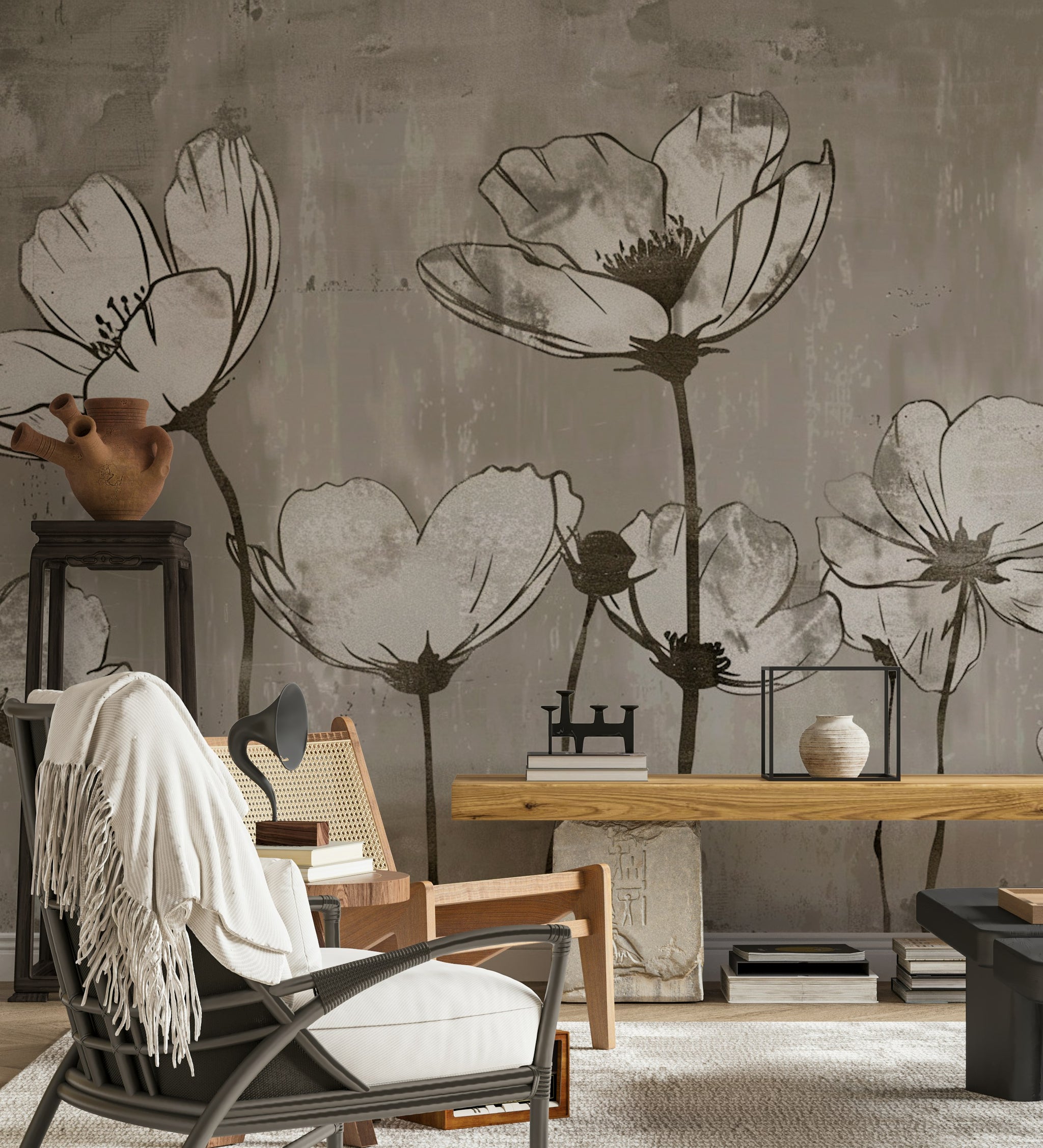 Charcoal Gray Large Flower Silhouette Wall Mural