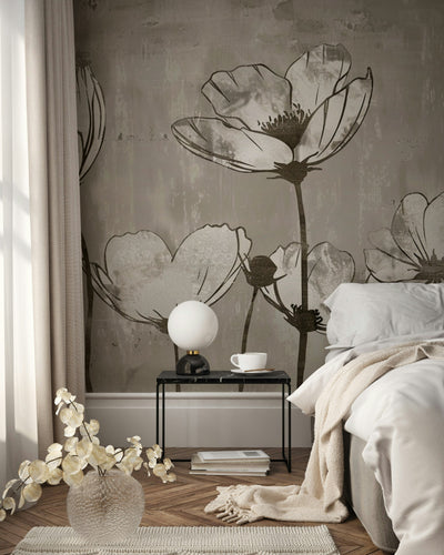 Charcoal Gray Large Flower Silhouette Wall Mural