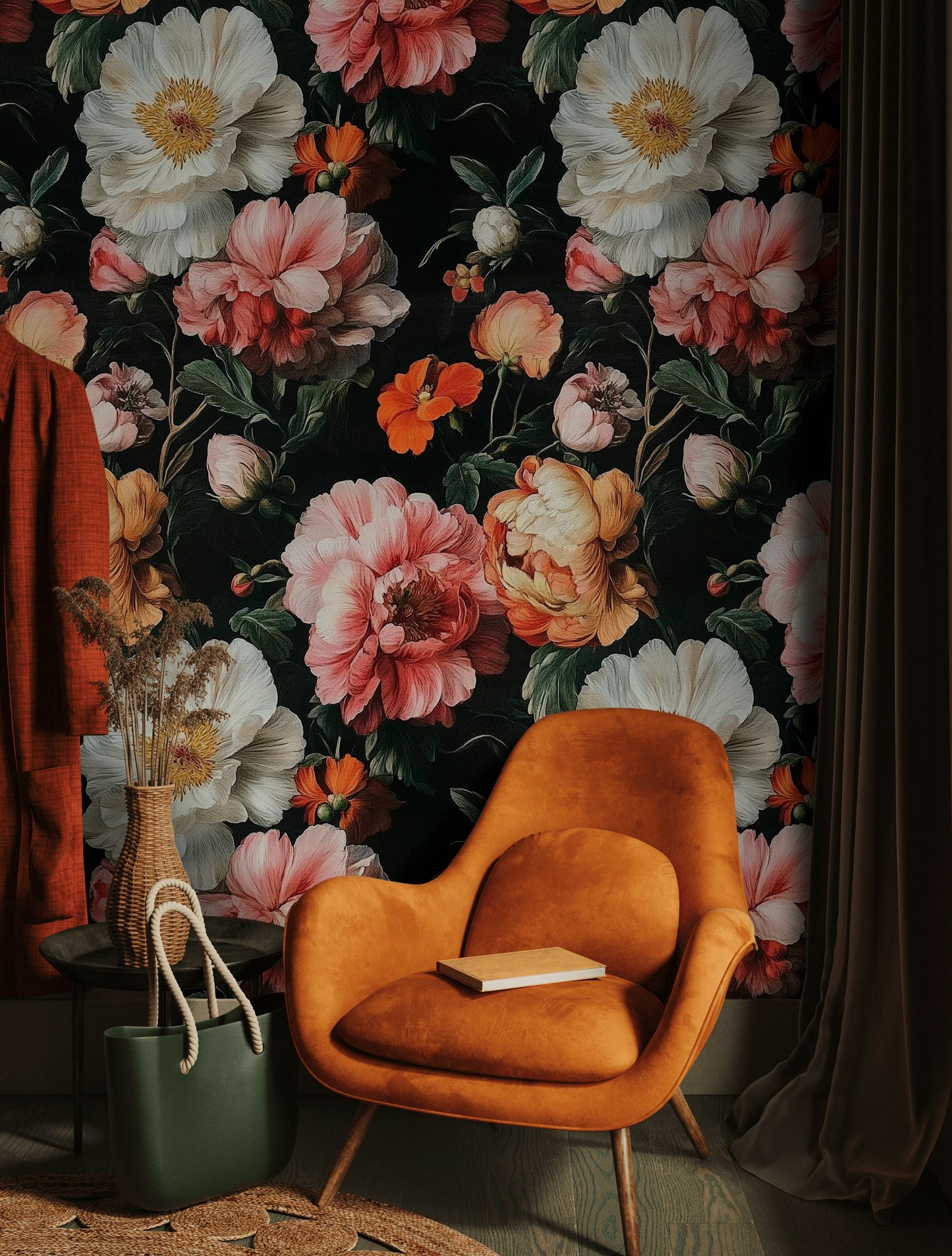 Dark Floral Peony Wallpaper Romantic Botanical Wall Decor