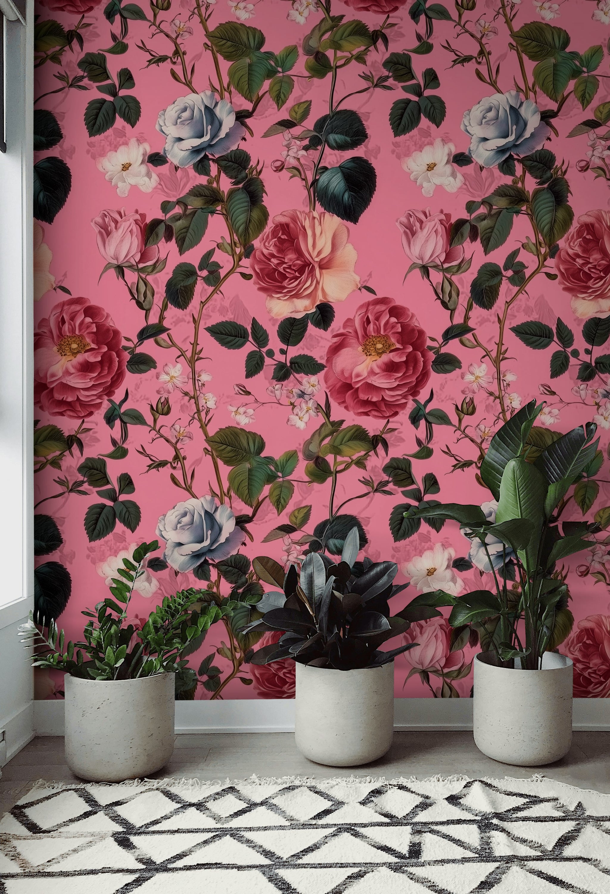 Bold Pink Romantic Rose Floral Wallpaper