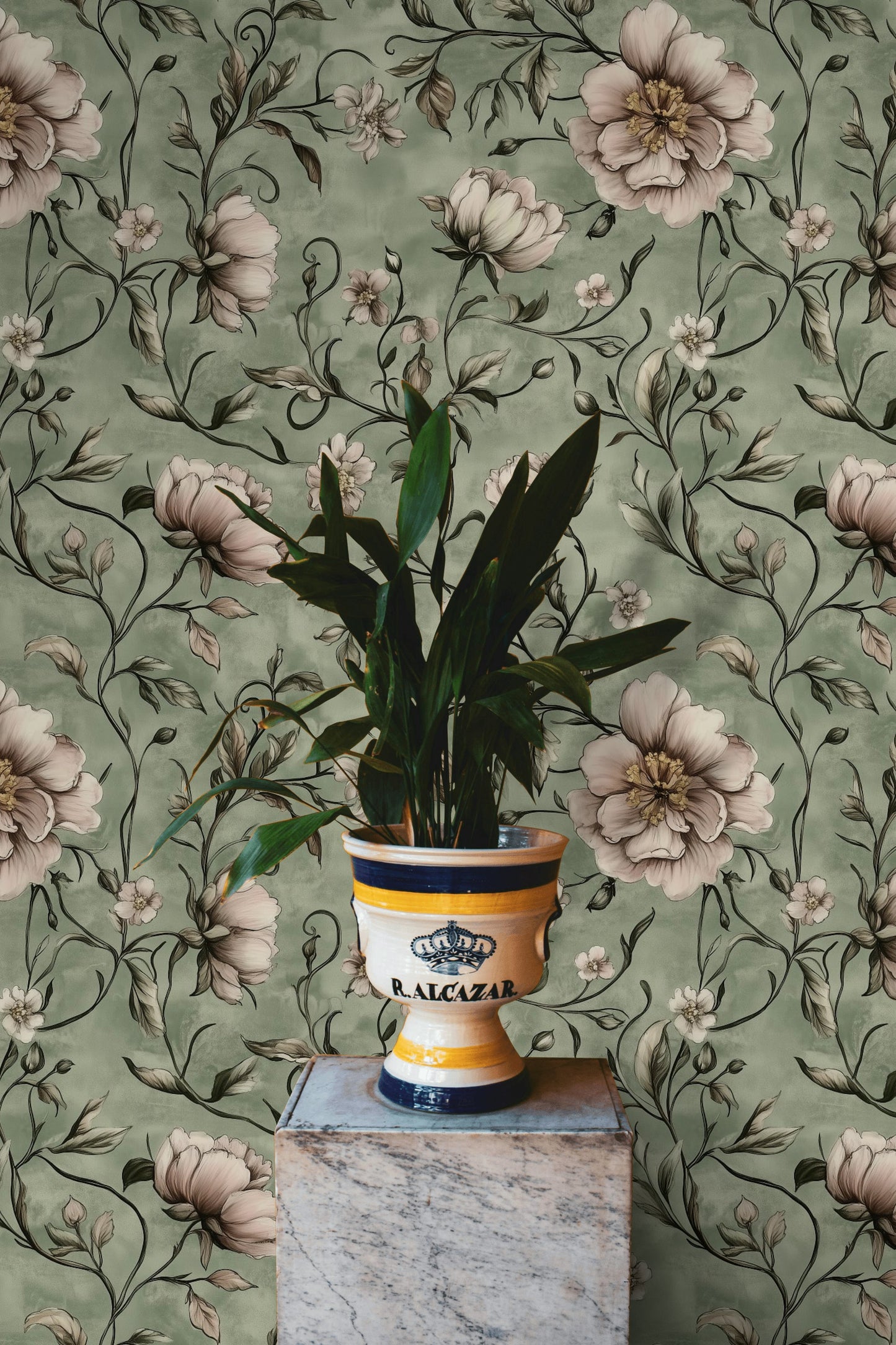 Sage Green Peony Wallpaper Exquisite Floral Accent Serene Interiors