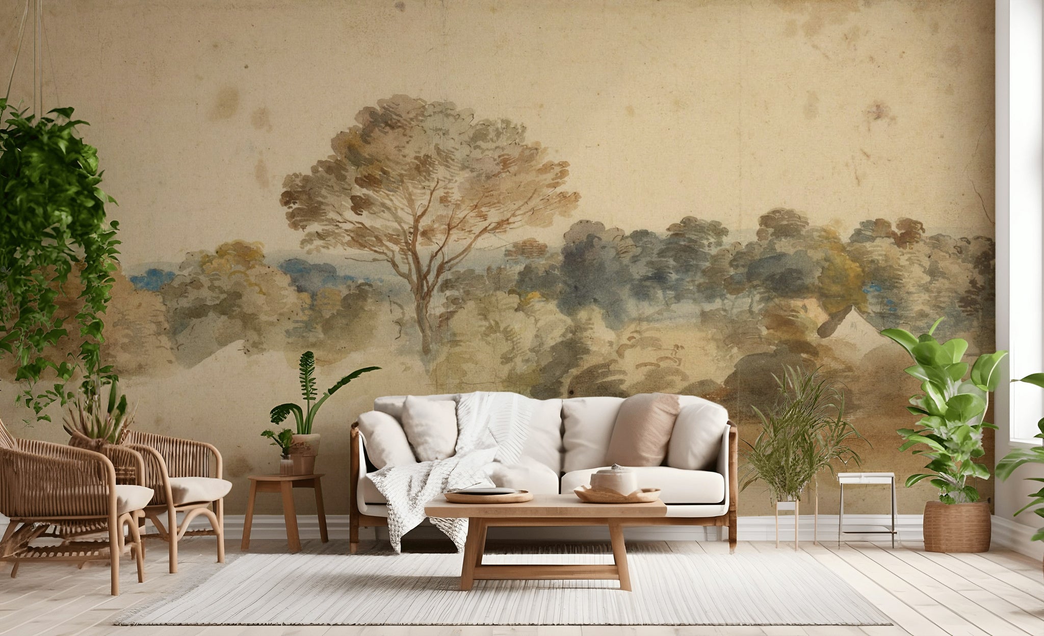 Beige Vintage Landscape Nature Wall Mural