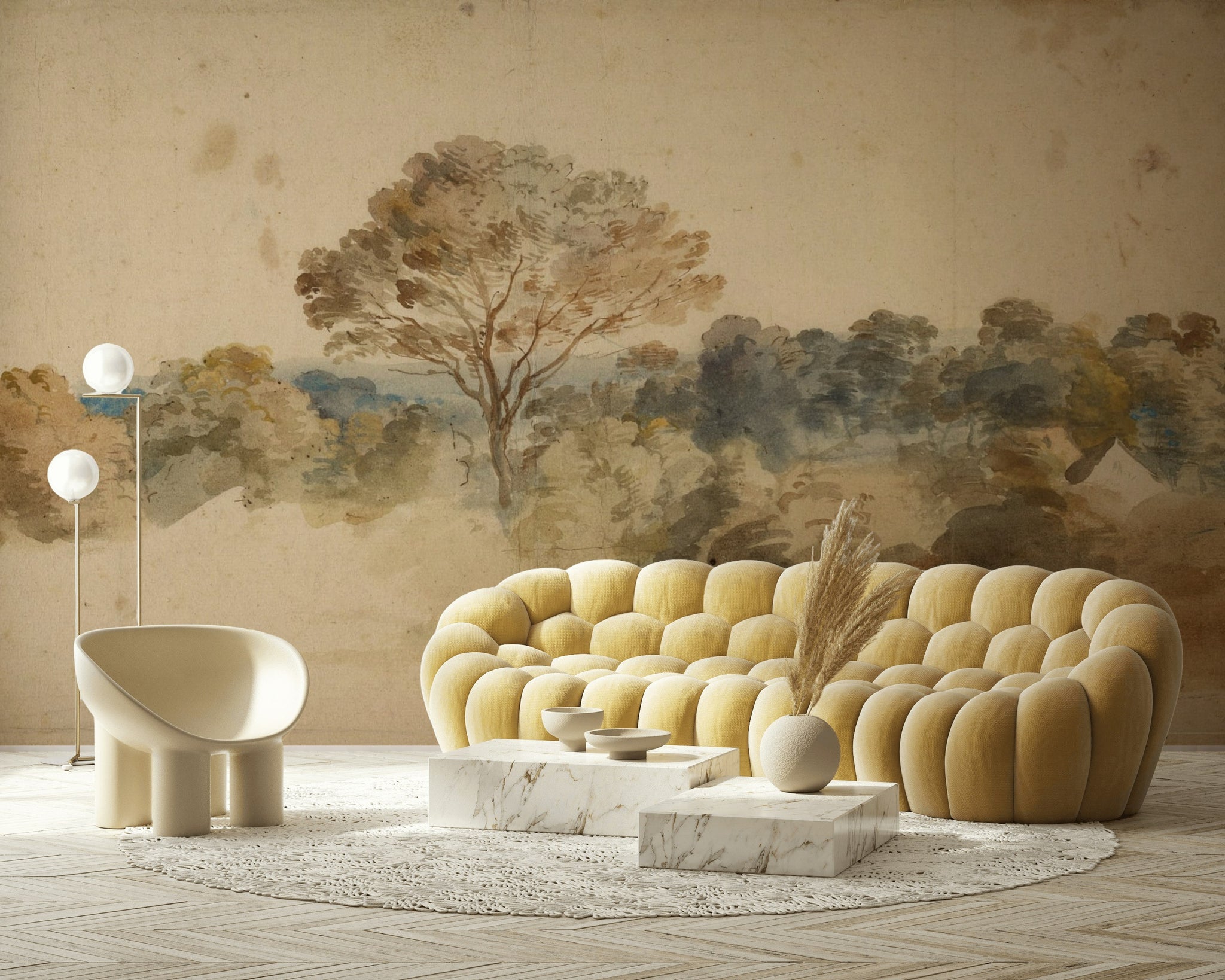 Beige Vintage Landscape Nature Wall Mural