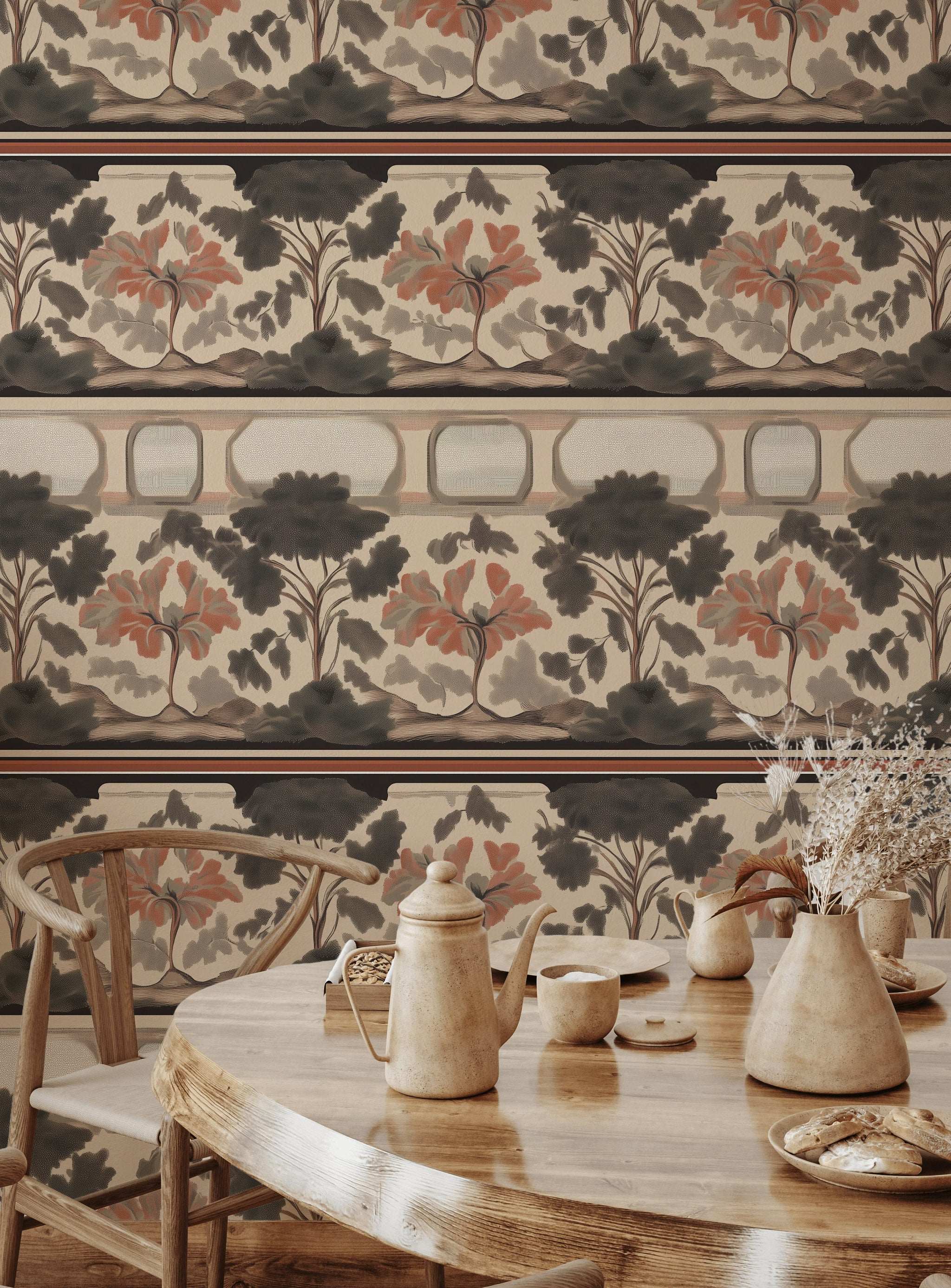Warm Beige Vintage Tree Pattern Wallpaper