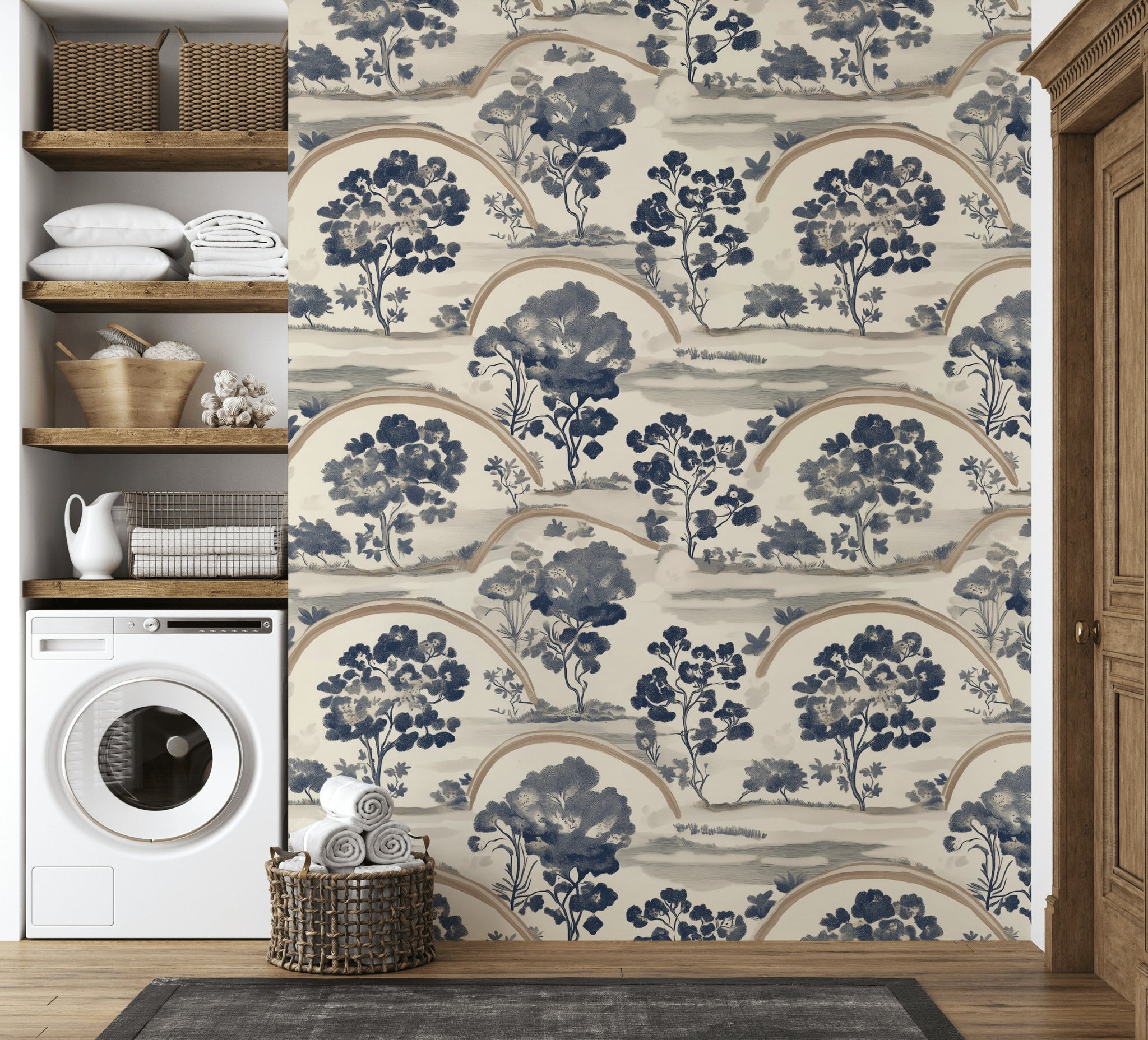 Cream and Navy Chinoiserie Landscape Wallpaper