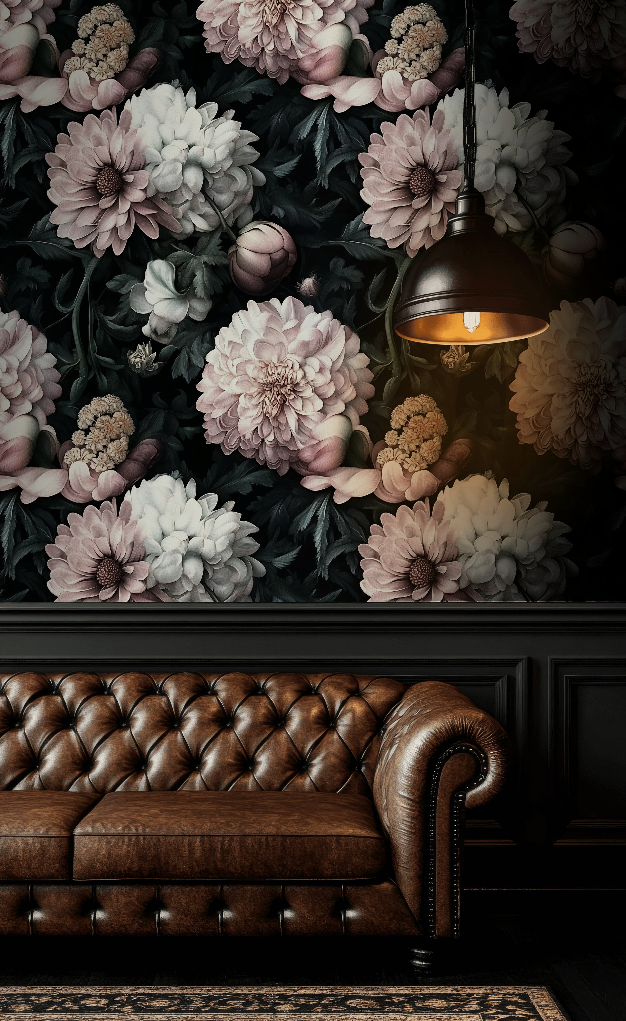Blush Pink Large Floral on Black Background Wallpaper