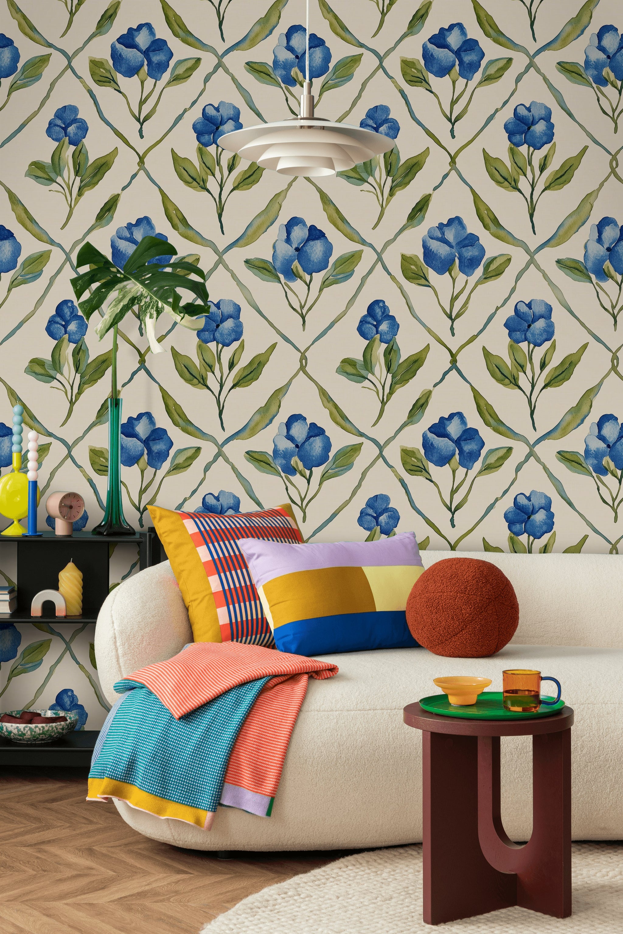 Bright Blue Floral Diamond Pattern Wallpaper