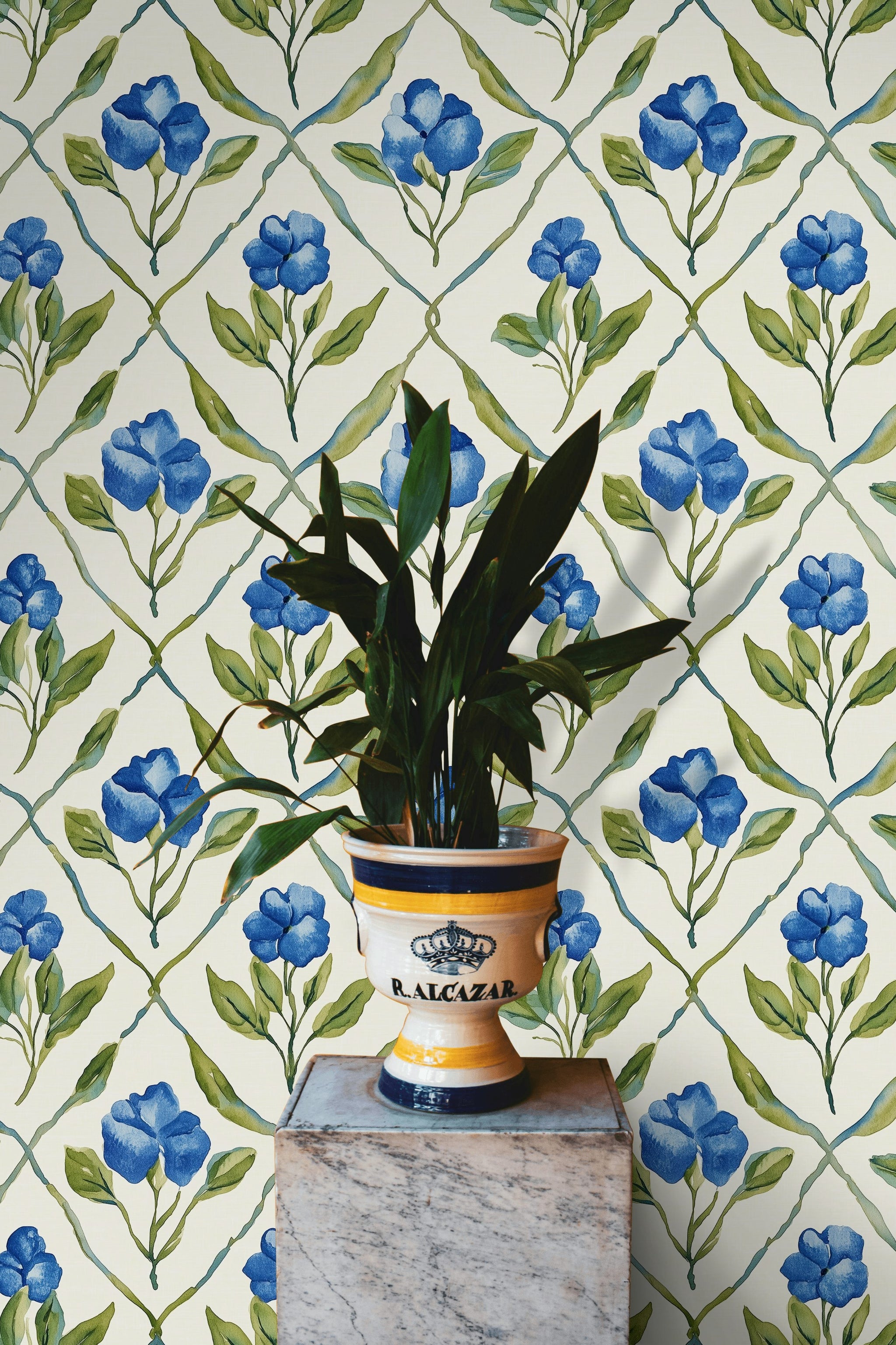 Bright Blue Floral Diamond Pattern Wallpaper