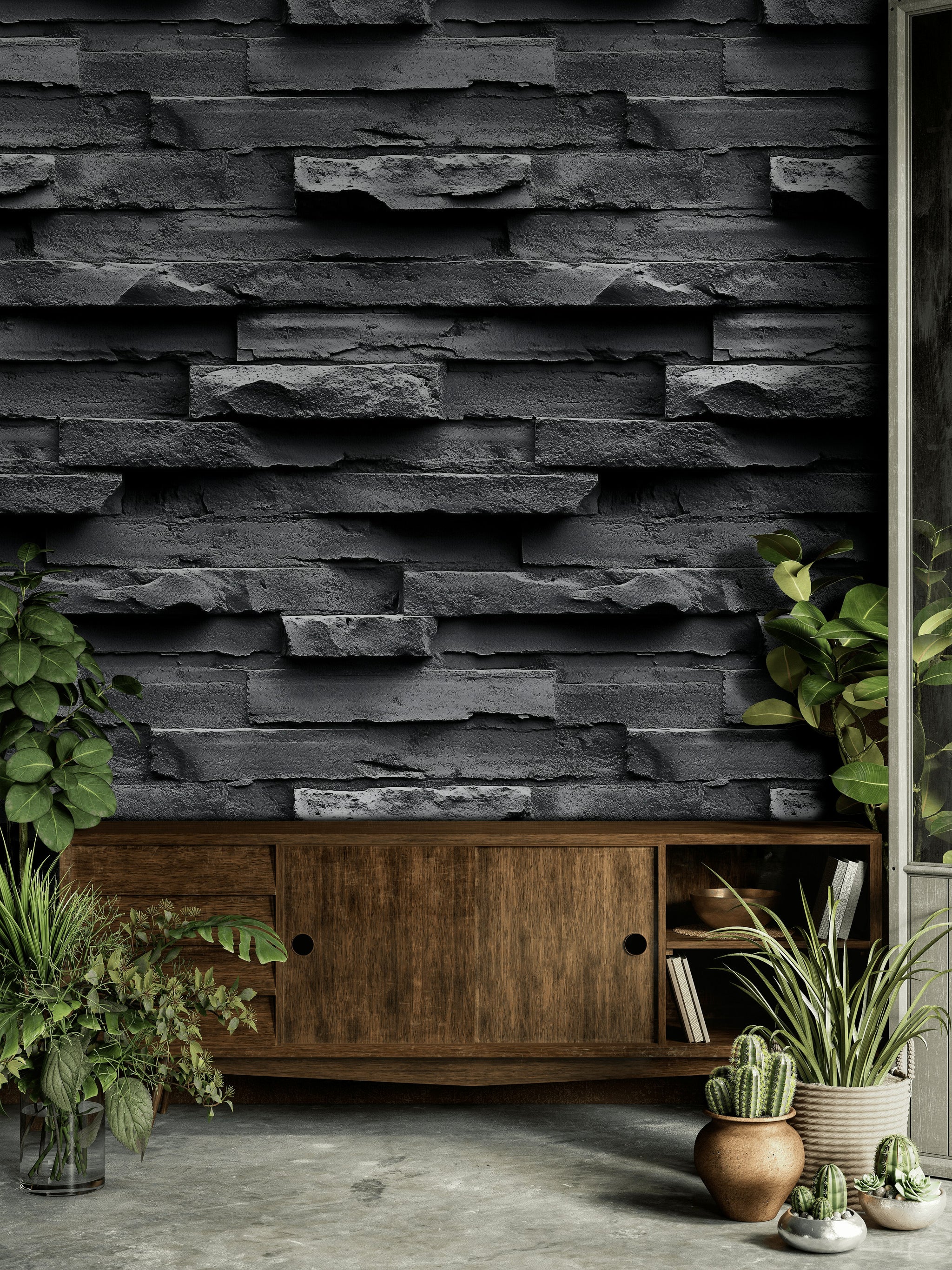Deep Charcoal 3D Brick Texture Wallpaper