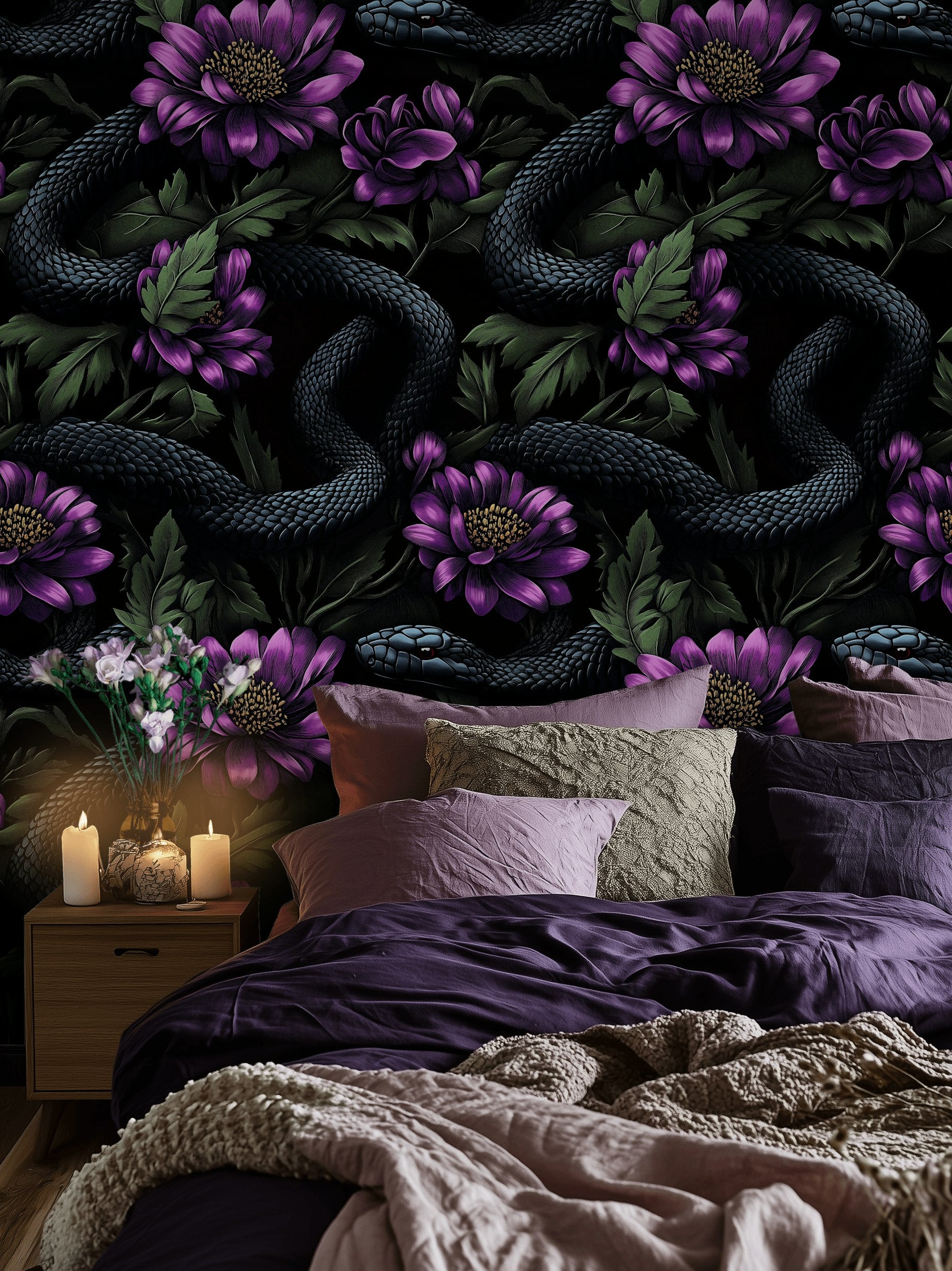 Dark Black and Purple Snake Floral Wallpaper