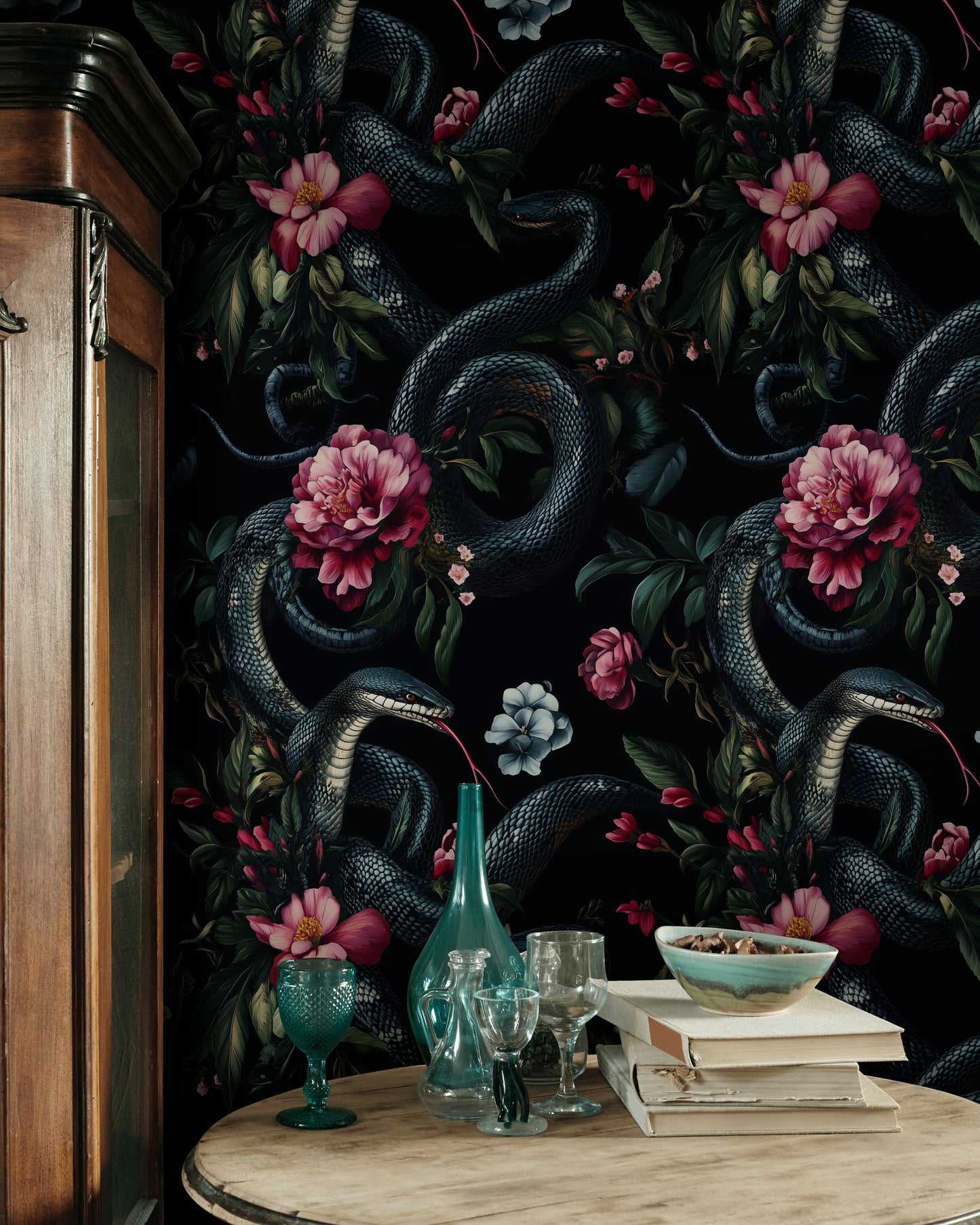 Black Snake and Pink Floral Wallpaper Dramatic Removable Art