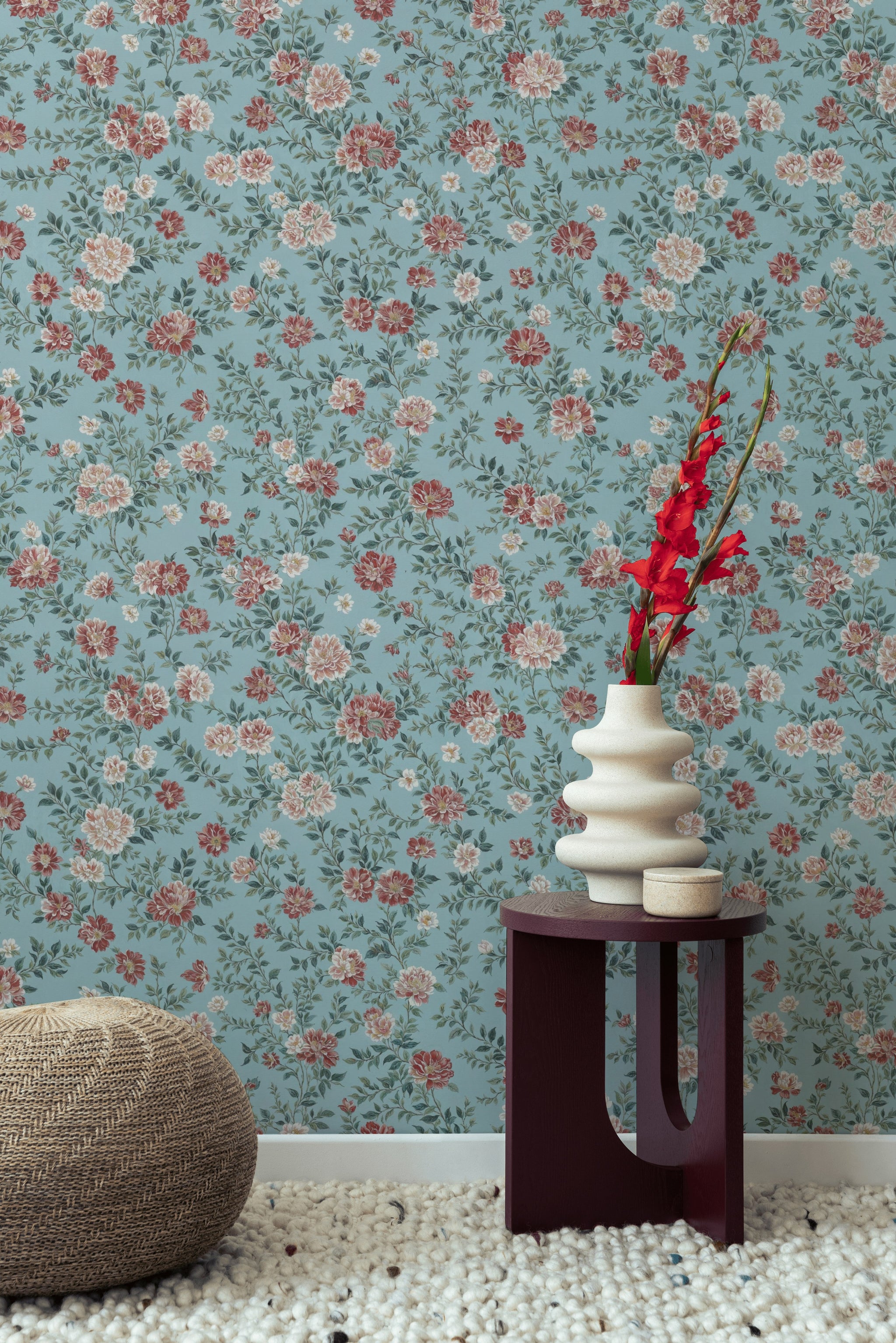 Soft Blue and Burgundy Rose Floral Wallpaper
