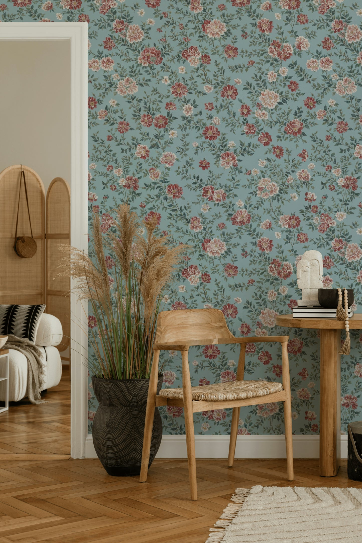 Serene Pastel Blue Wallpaper with Hand-Painted Pink Peonies