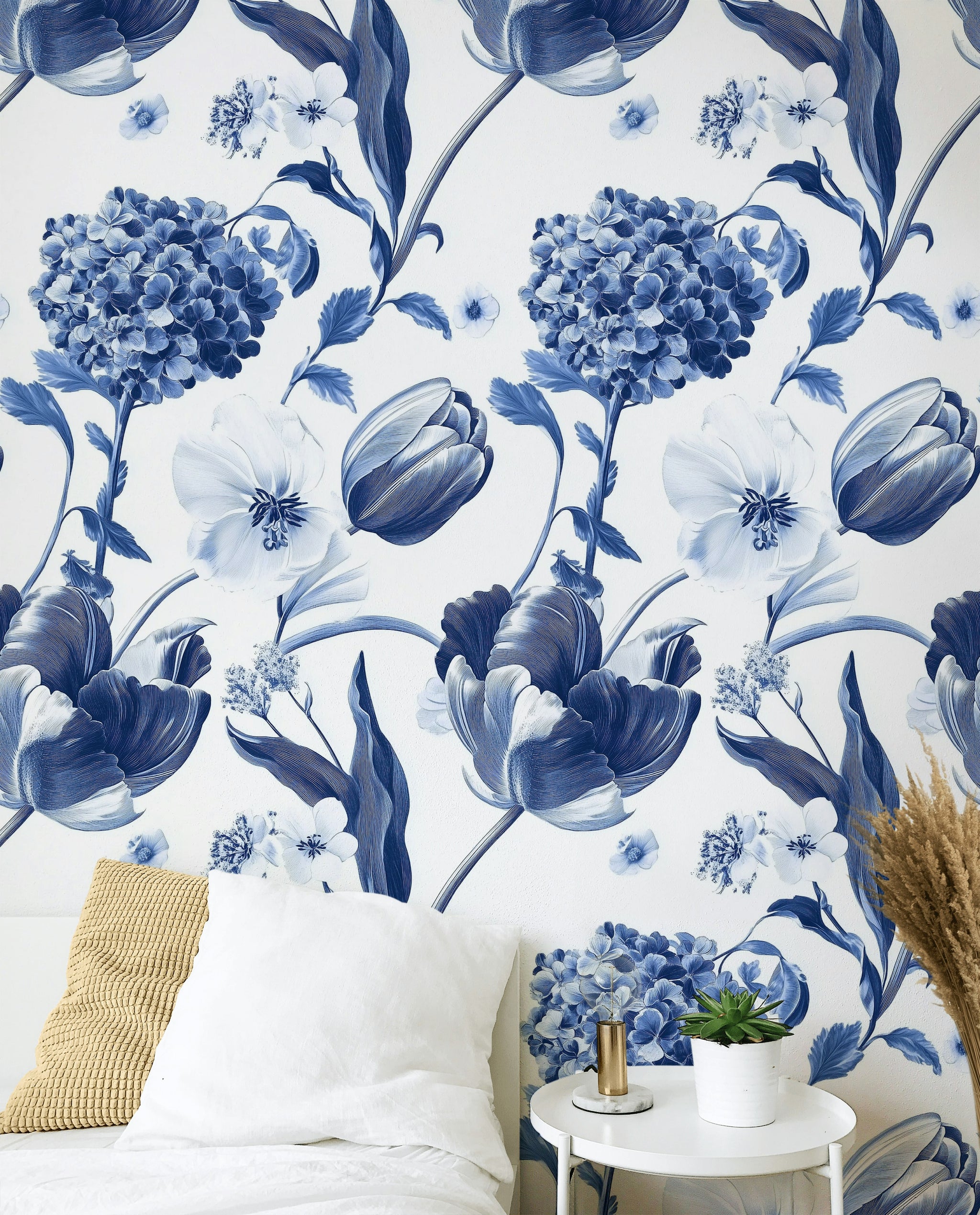 Crisp White and Blue Tulip Floral Wallpaper