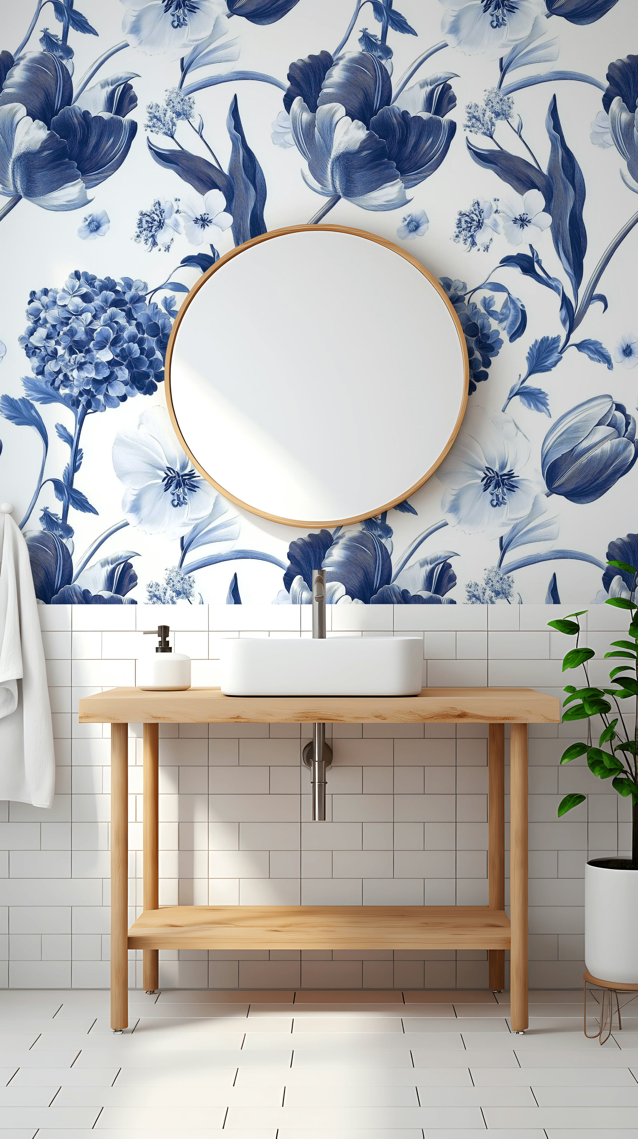 Crisp White and Blue Tulip Floral Wallpaper