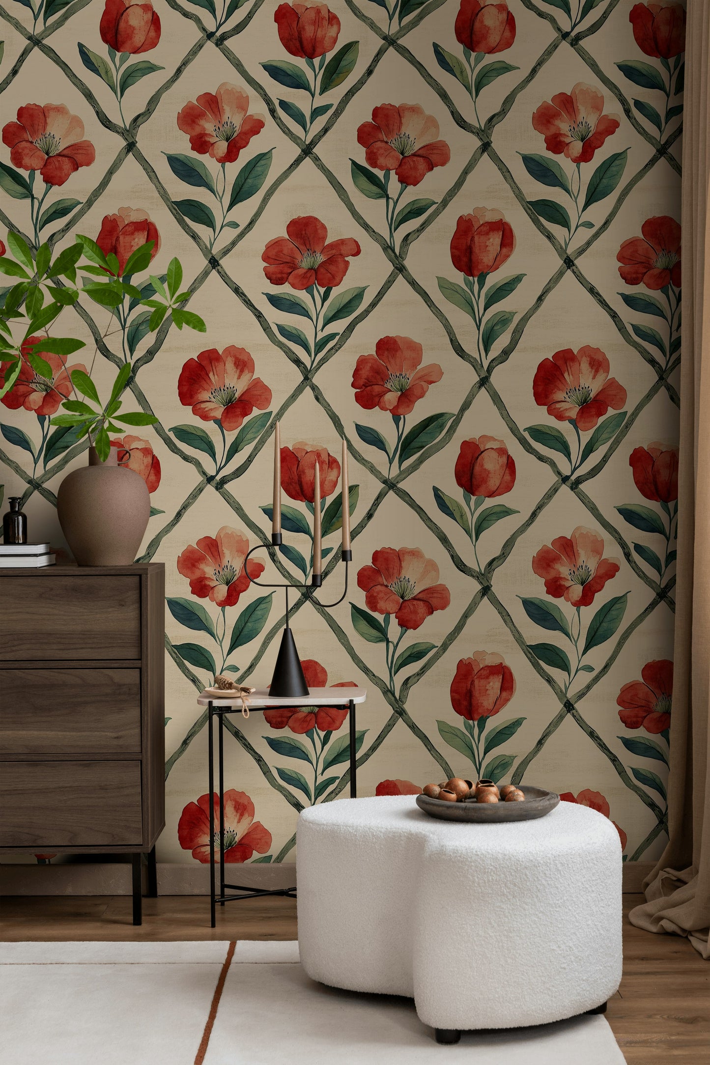Red Trellis Floral Wallpaper Vibrant Blooms Beige Wall Mural