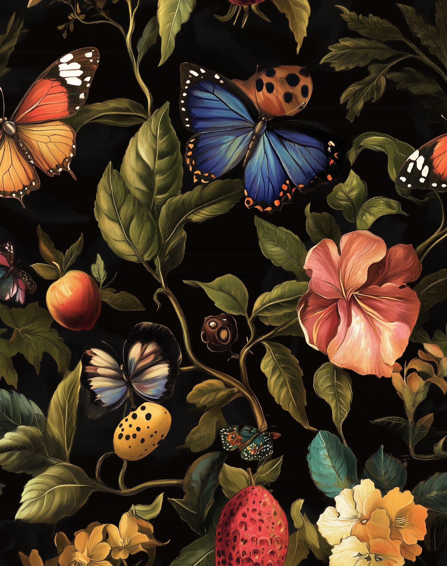 Vintage Multicolor Floral and Butterfly Wallpaper