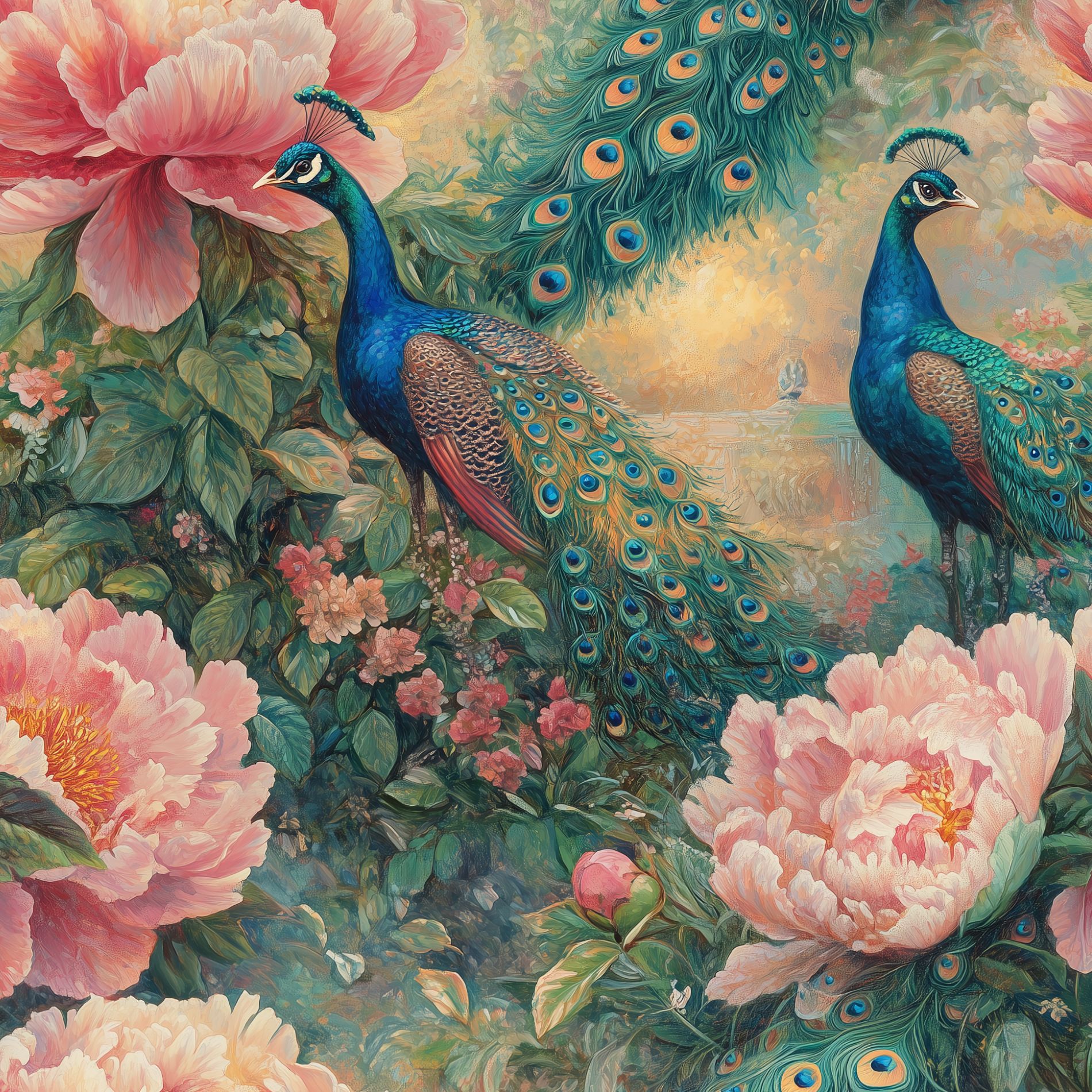 Peach Pink Peony and Peacock Floral Wallpaper
