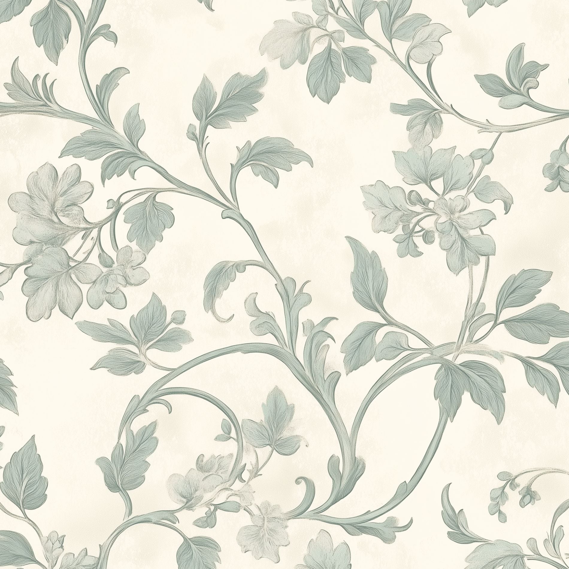 Cream and Sage Green Vintage Floral Wallpaper