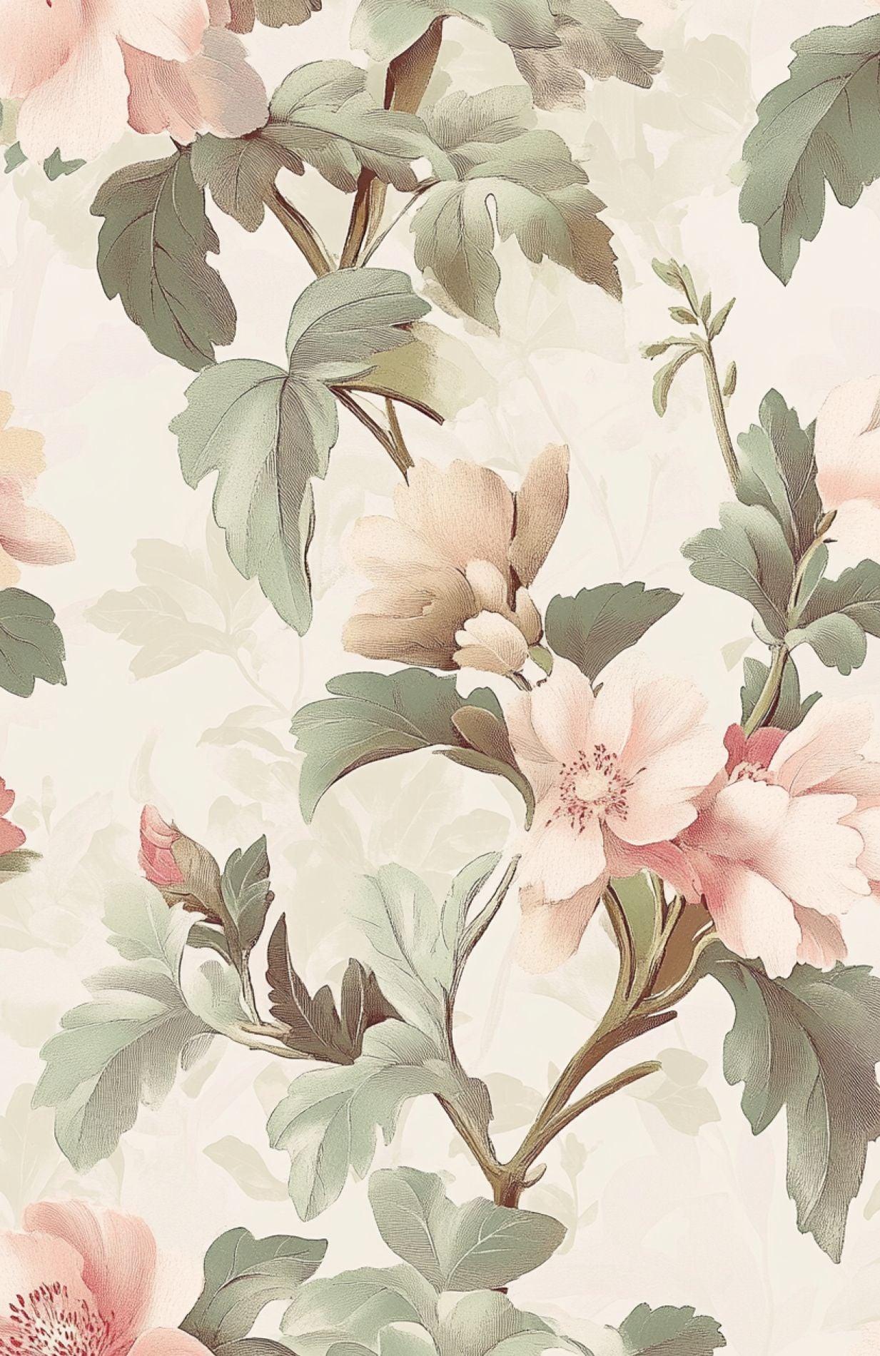 Cream Peony and Foliage Floral Wallpaper