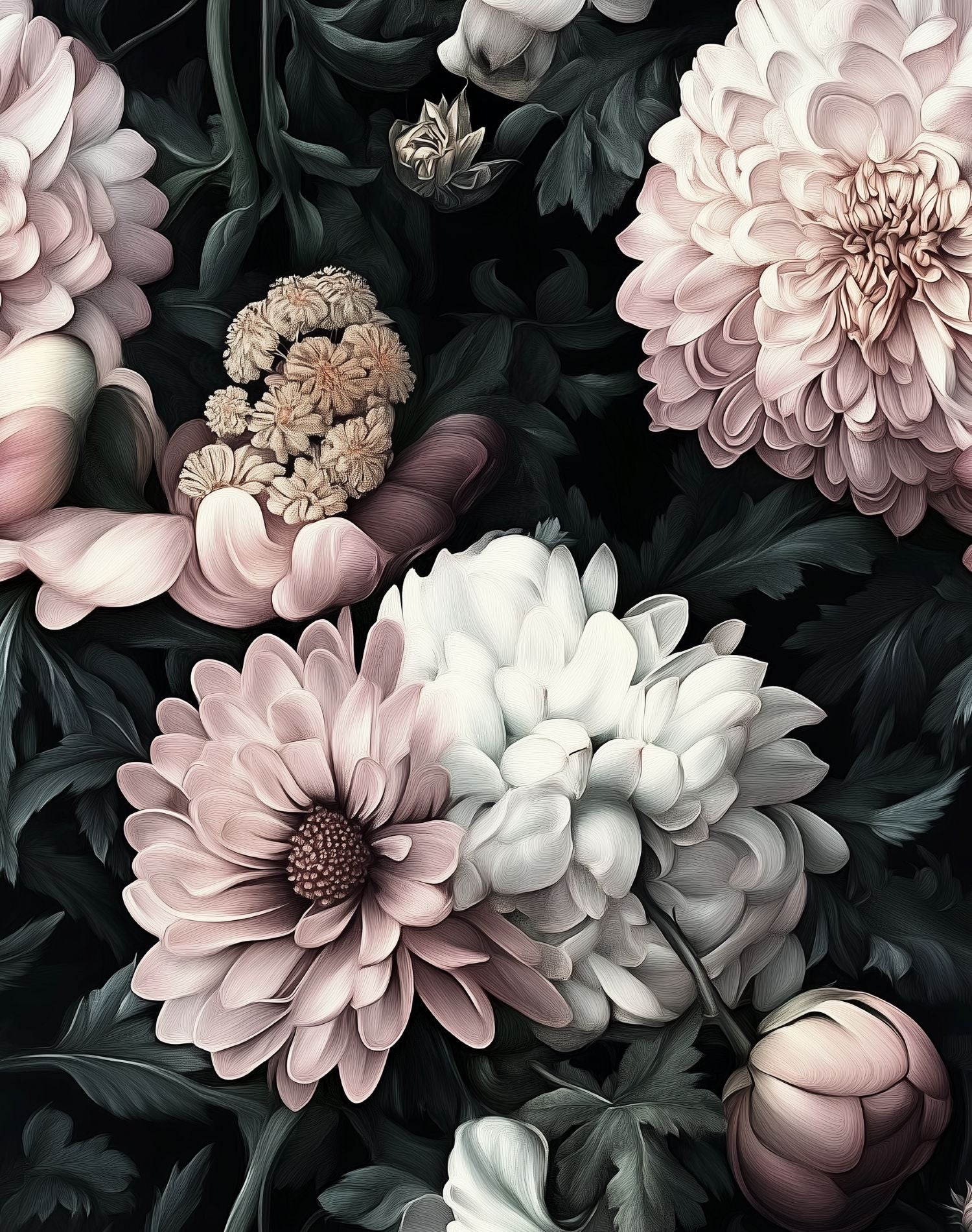 Blush Pink Large Floral on Black Background Wallpaper