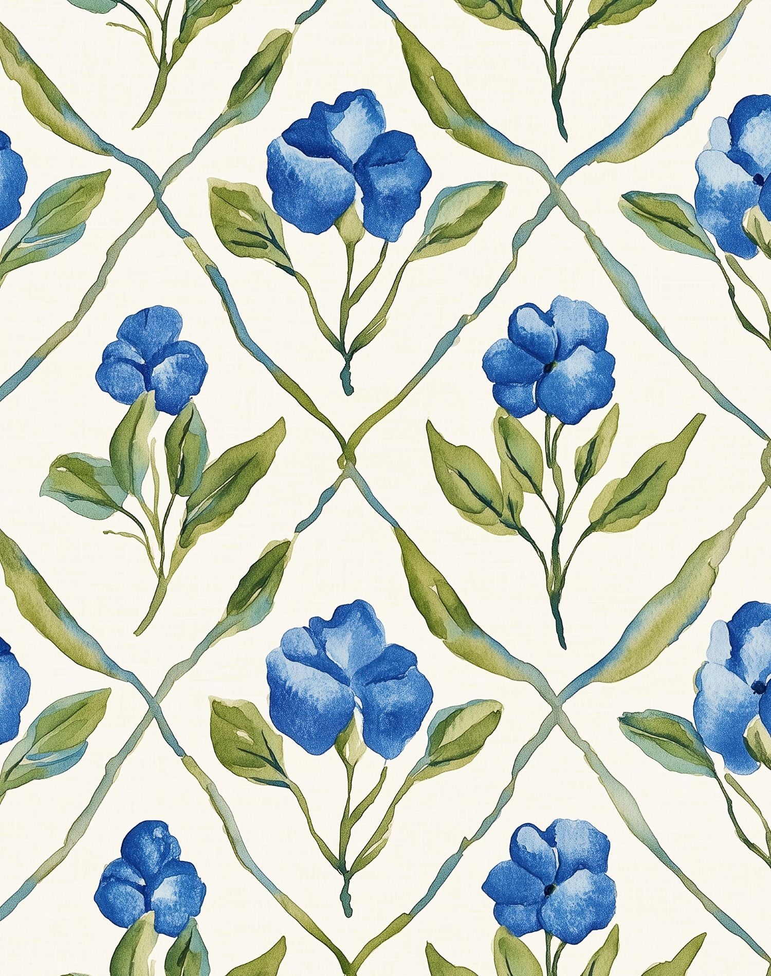 Bright Blue Floral Diamond Pattern Wallpaper