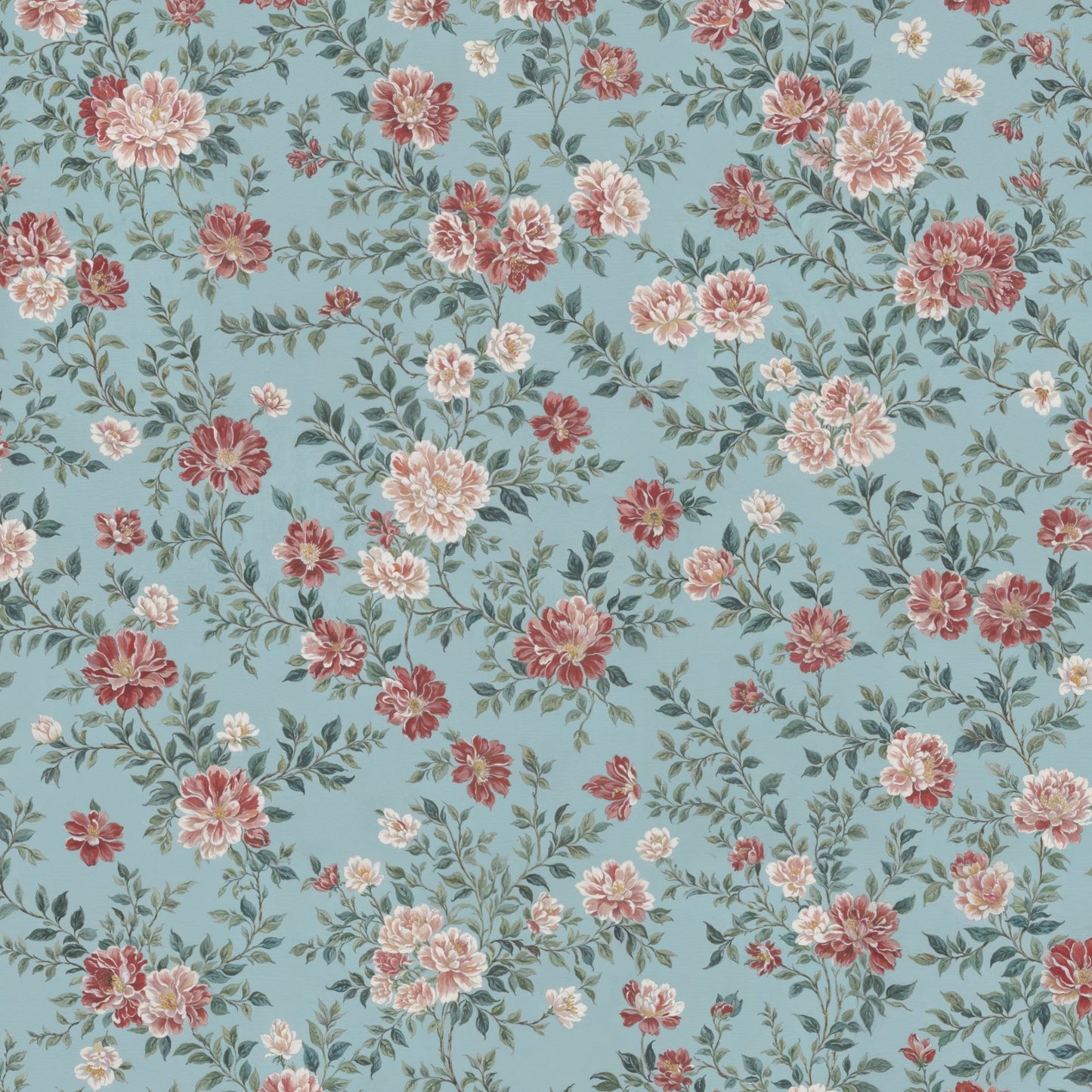 Serene Pastel Blue Wallpaper with Hand-Painted Pink Peonies