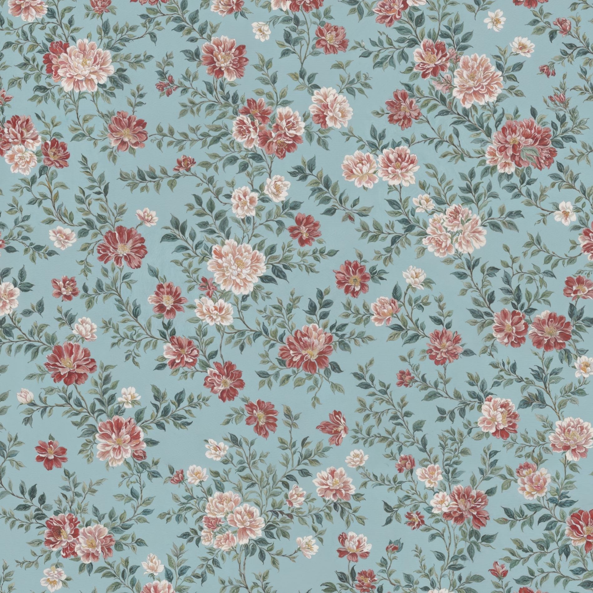 Soft Blue and Burgundy Rose Floral Wallpaper