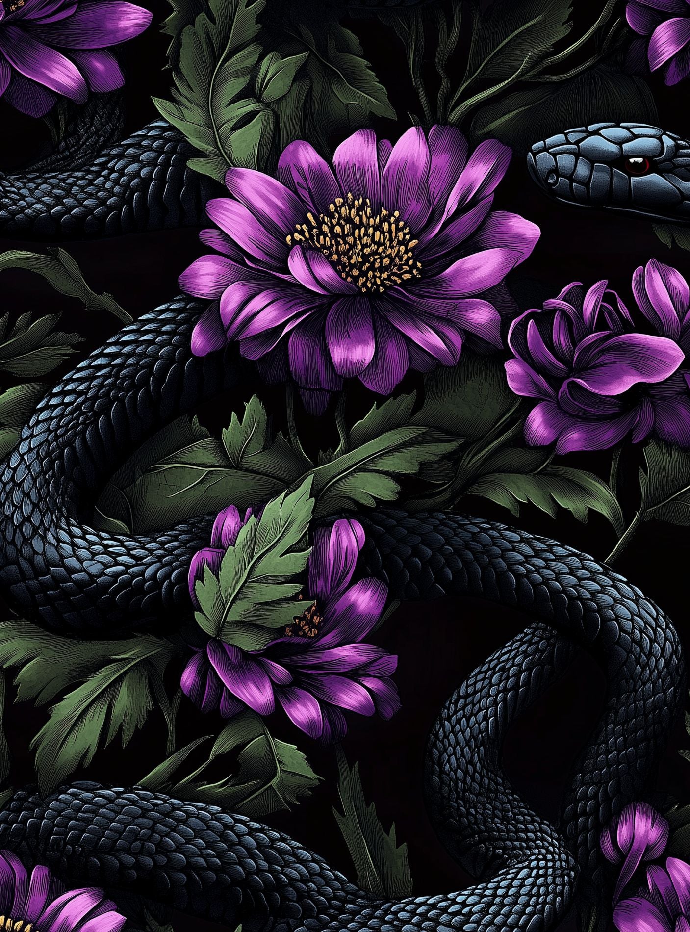 Dark Black and Purple Snake Floral Wallpaper