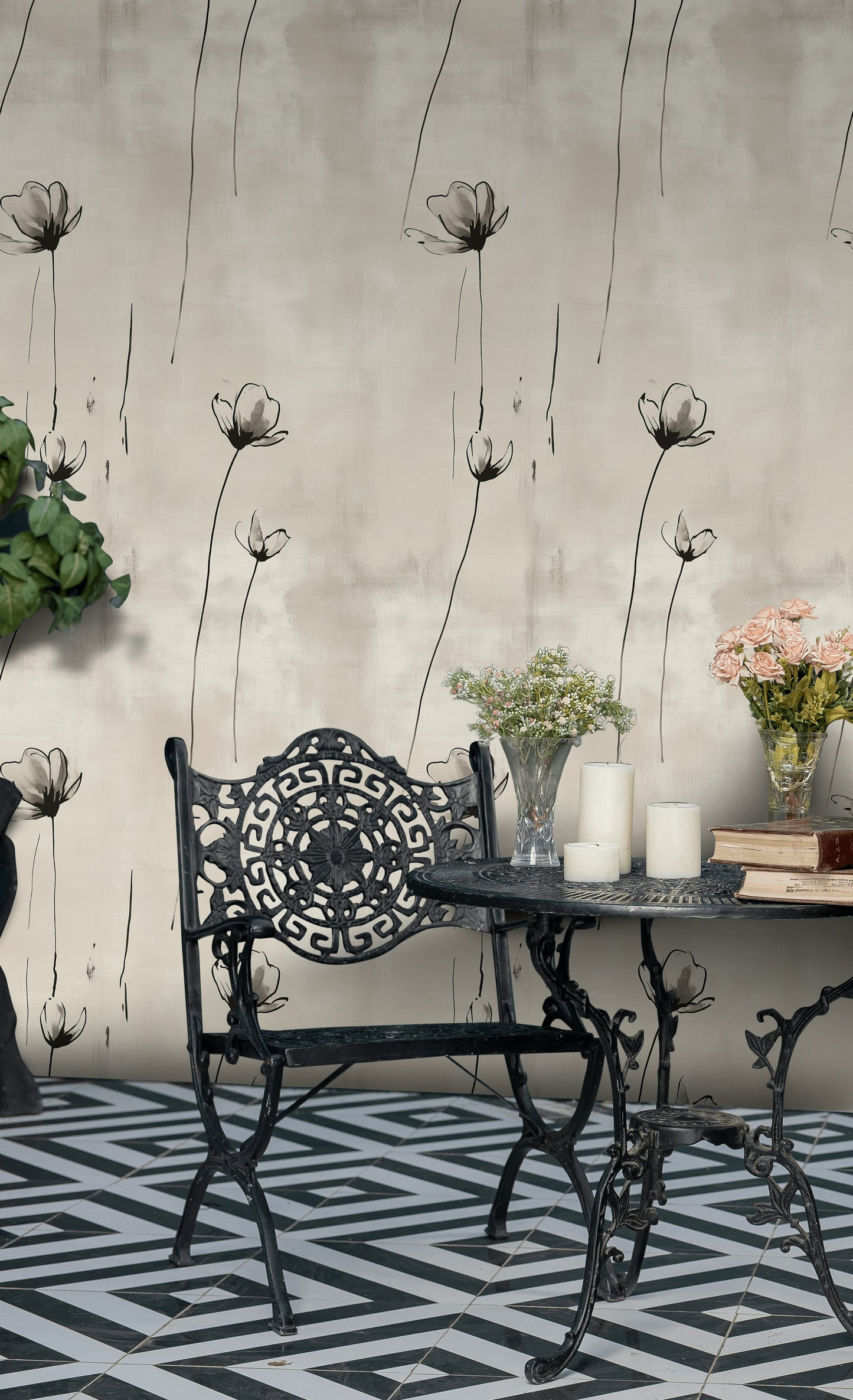 Elegant Monochrome Floral Wallpaper PWhite Flower Design