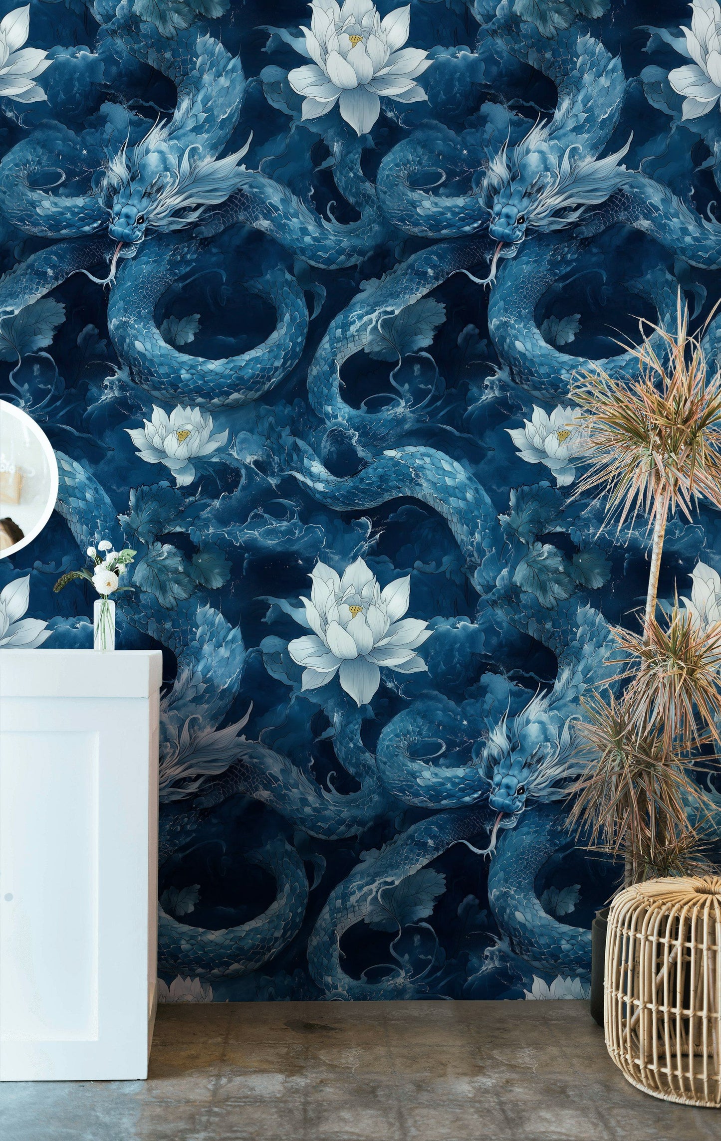 Blue Oriental Dragon Wallpaper with White Lotus Wall Mural