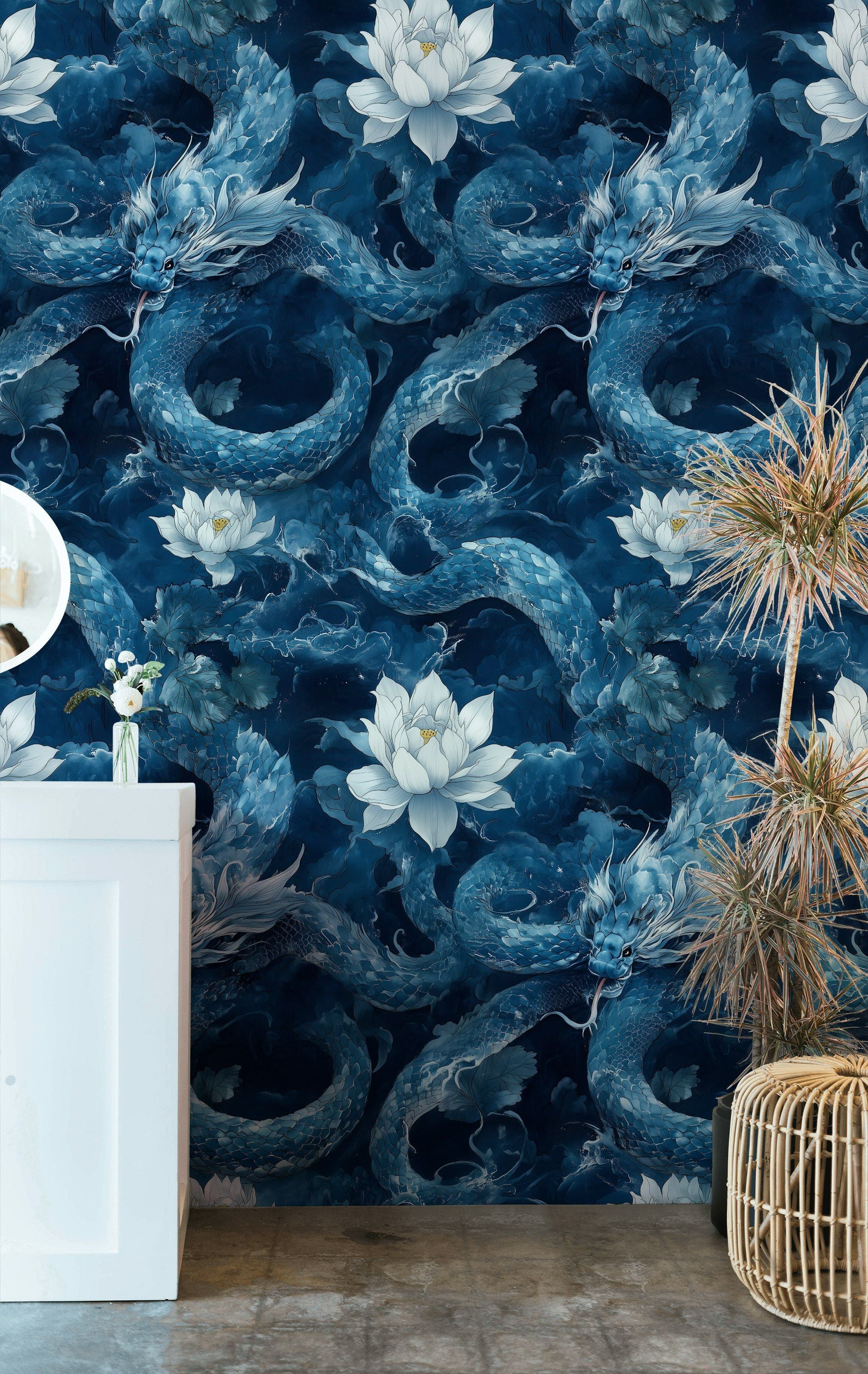 Navy Blue Dragon and Lotus Fantasy Wallpaper