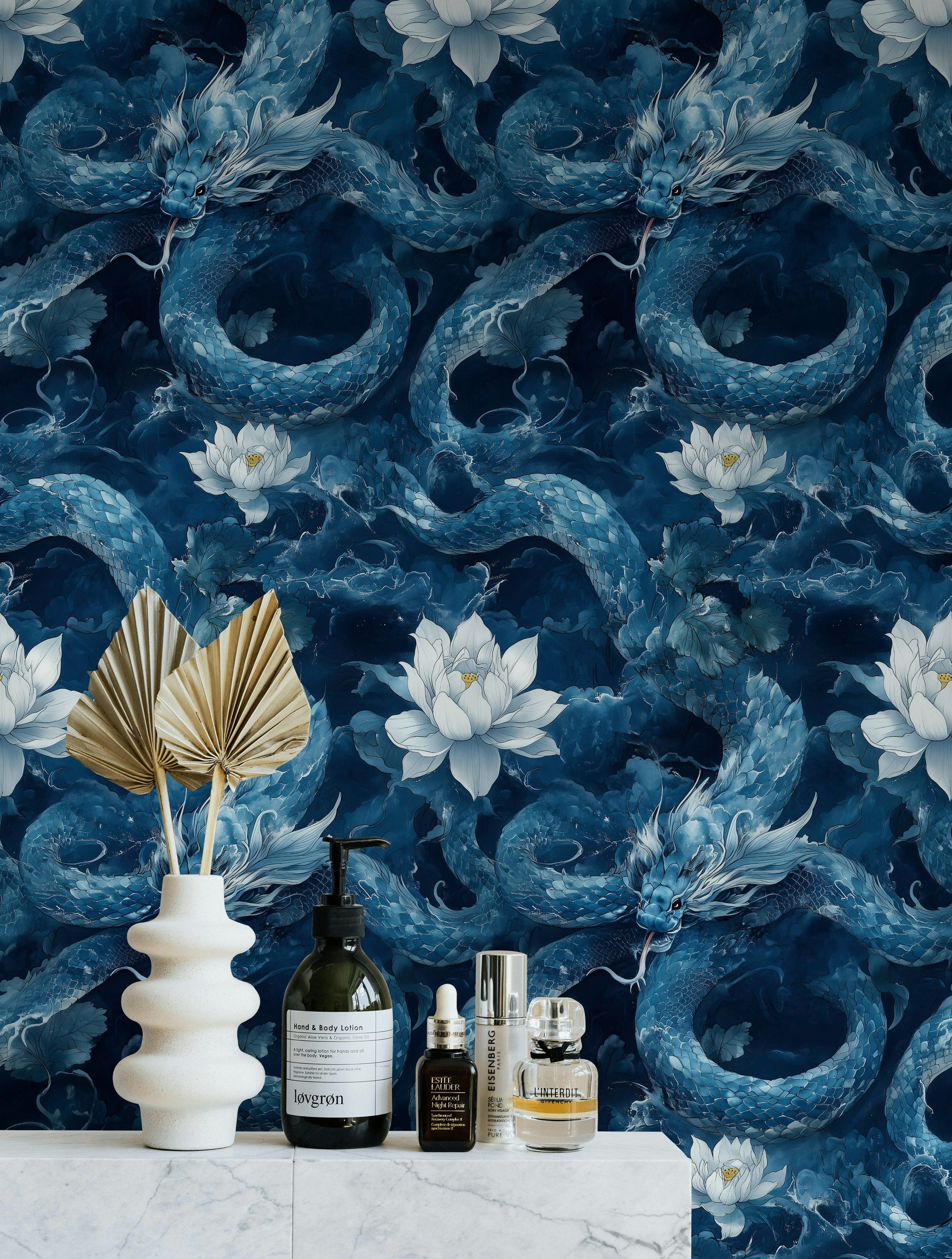 Navy Blue Dragon and Lotus Fantasy Wallpaper