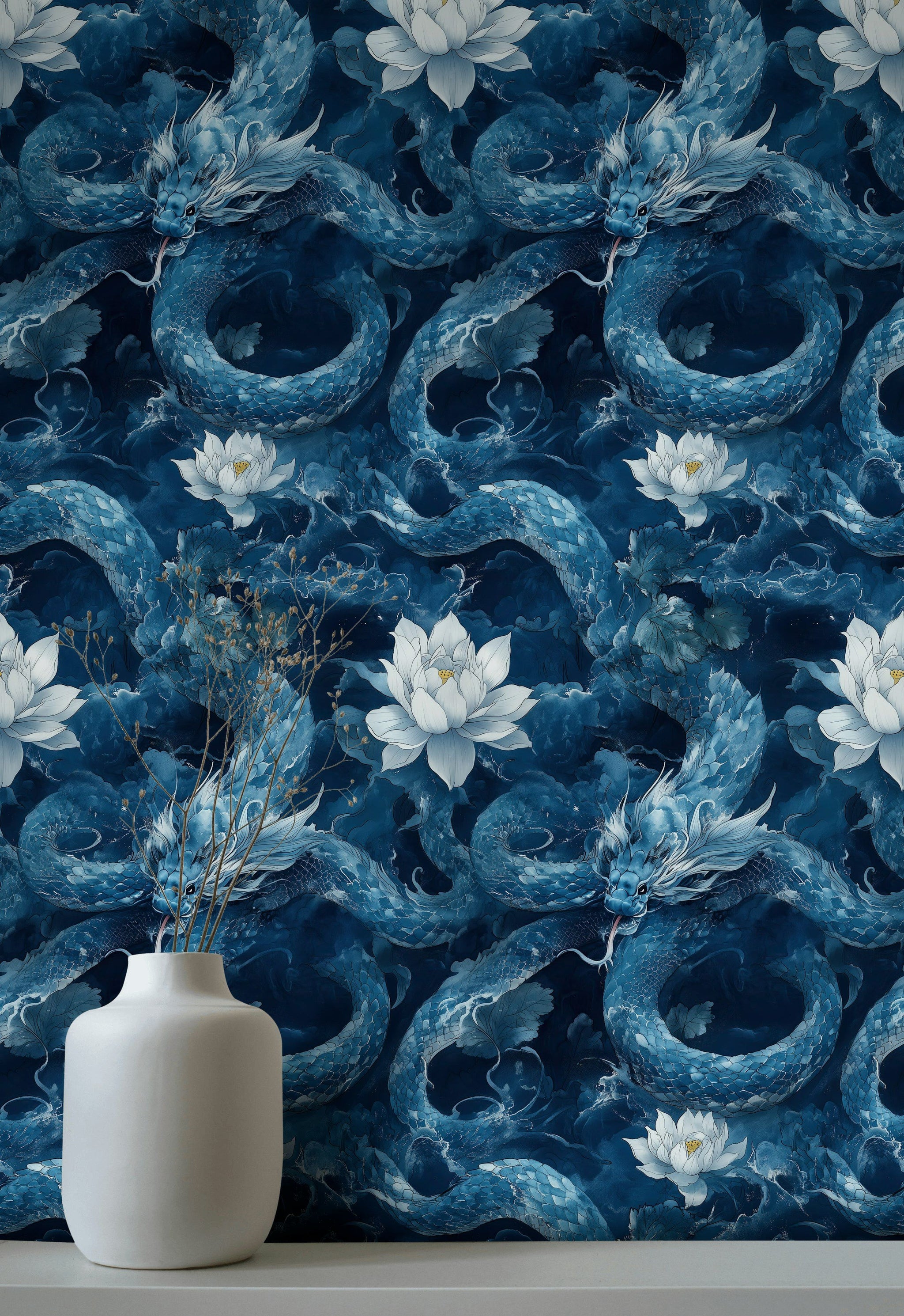 Navy Blue Dragon and Lotus Fantasy Wallpaper