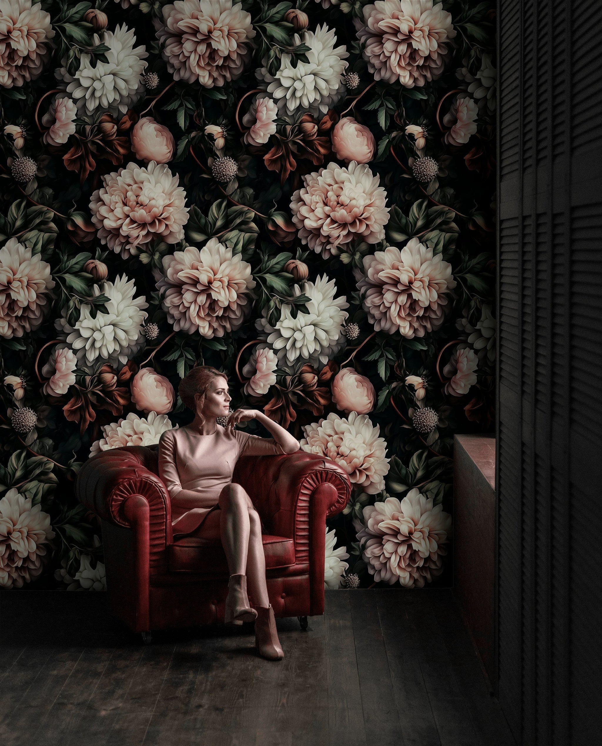 Moody Black Background with Lush Pink Floral Wallpaper