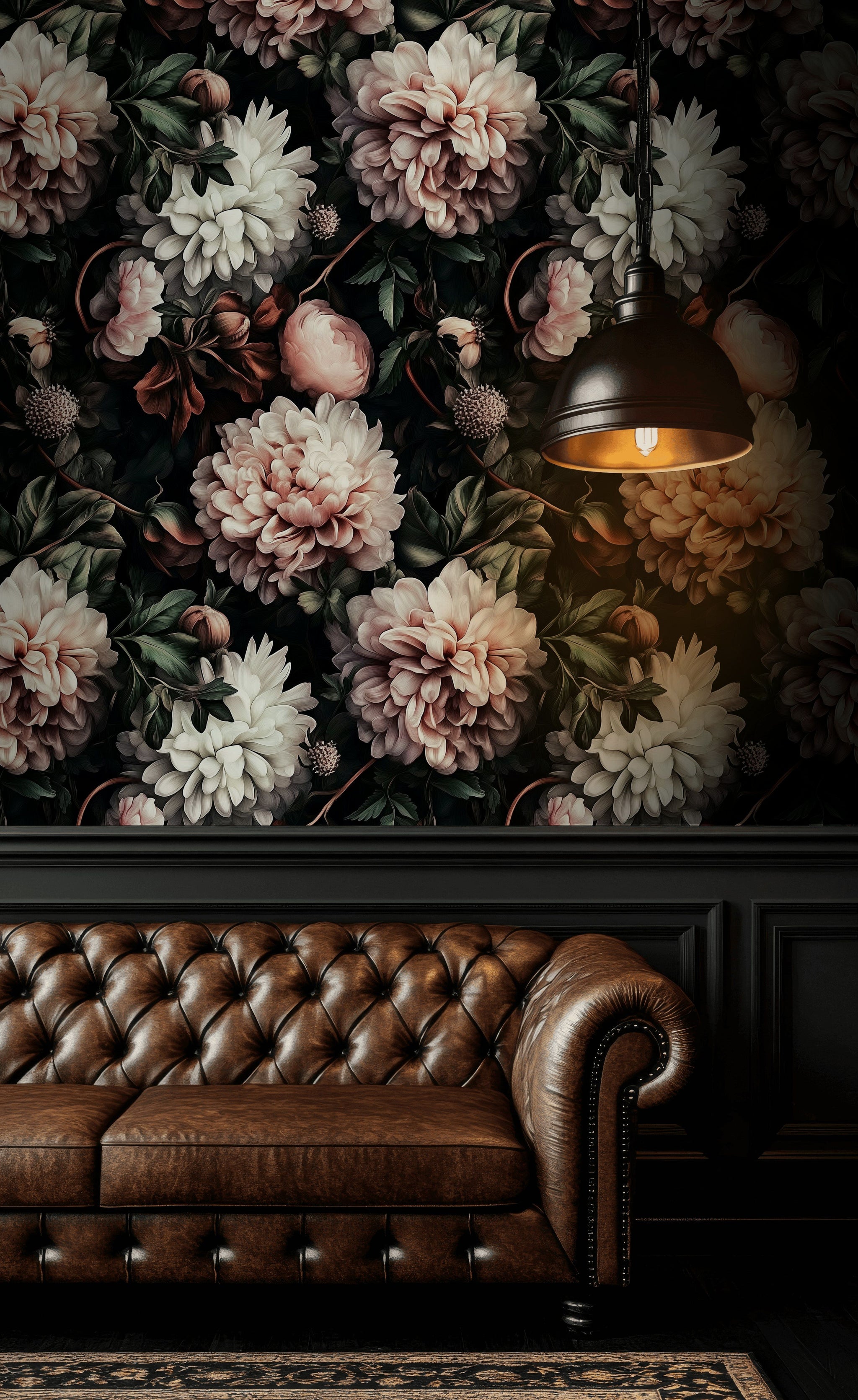 Moody Black Background with Lush Pink Floral Wallpaper