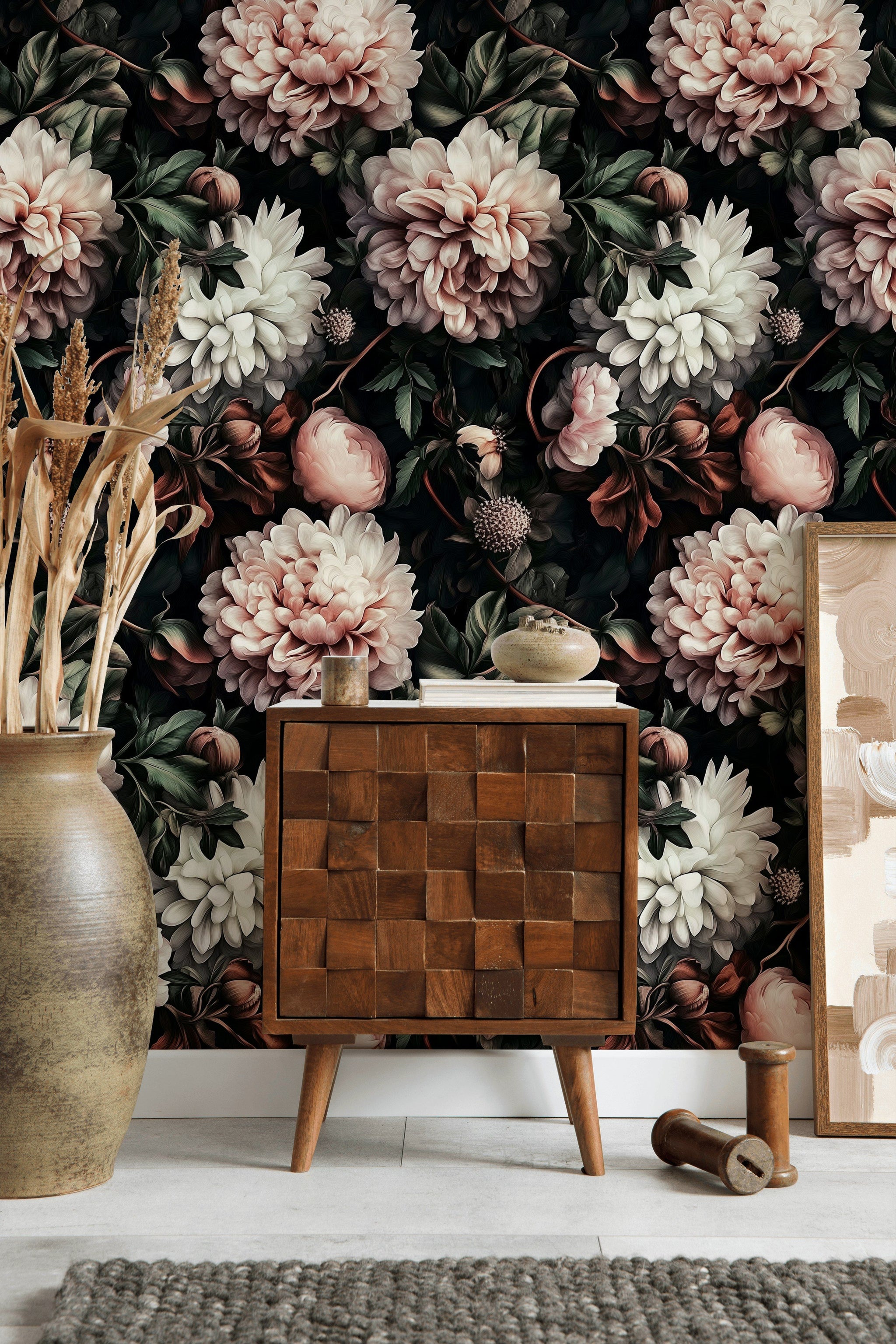 Moody Black Background with Lush Pink Floral Wallpaper