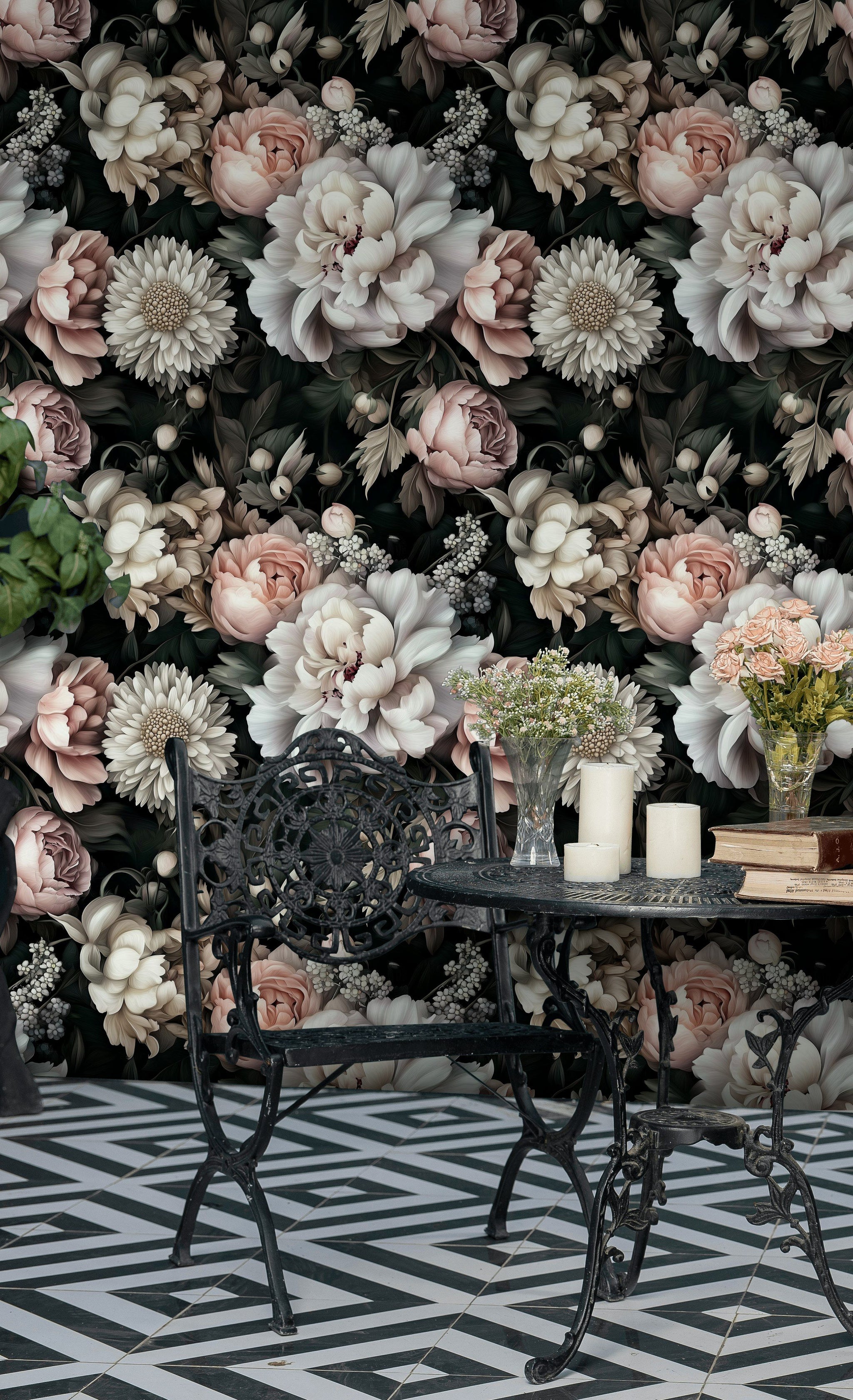 Dark Black and Blush Peony Floral Wallpaper