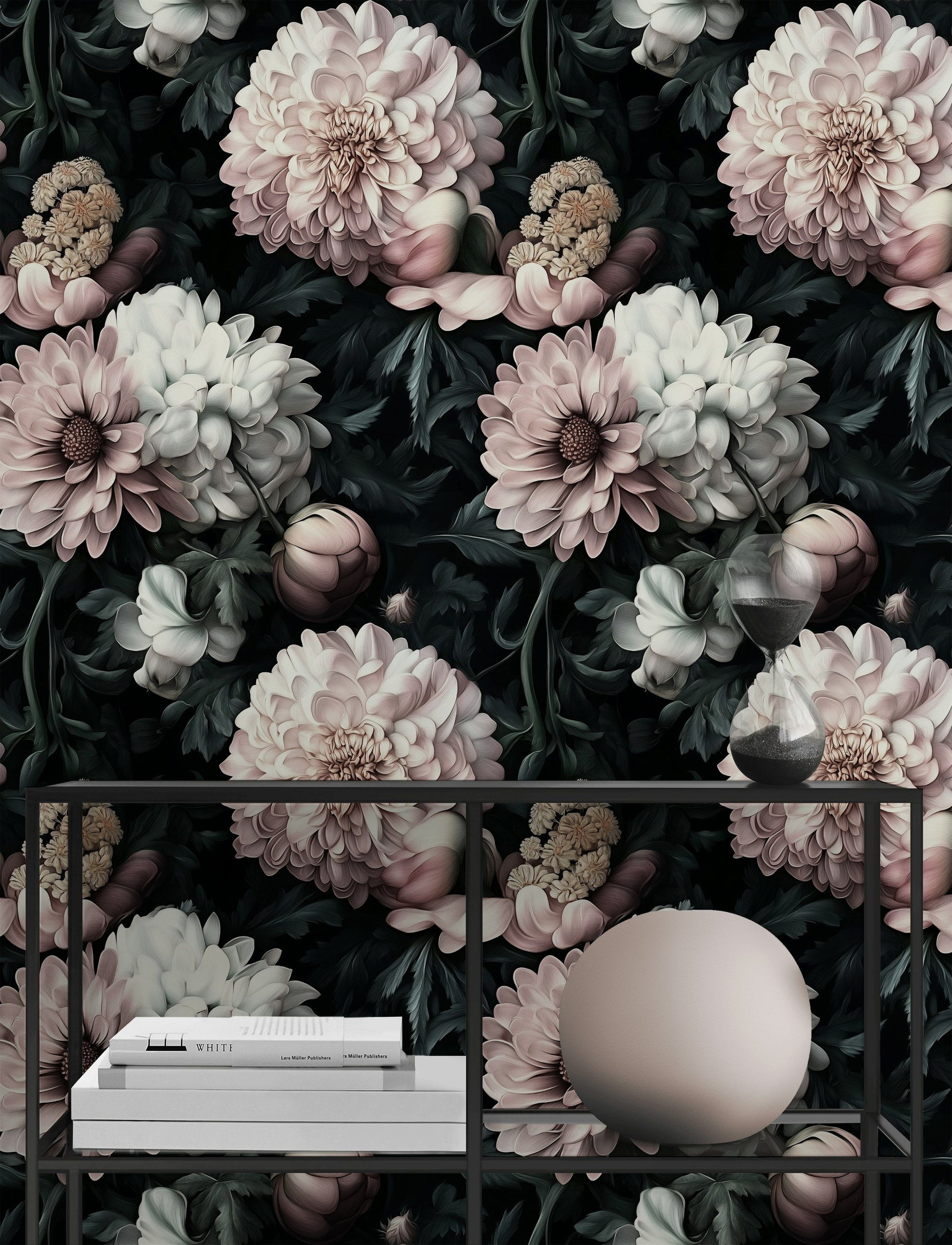 Dusky Pink Peony and Dahlia Floral Wallpaper