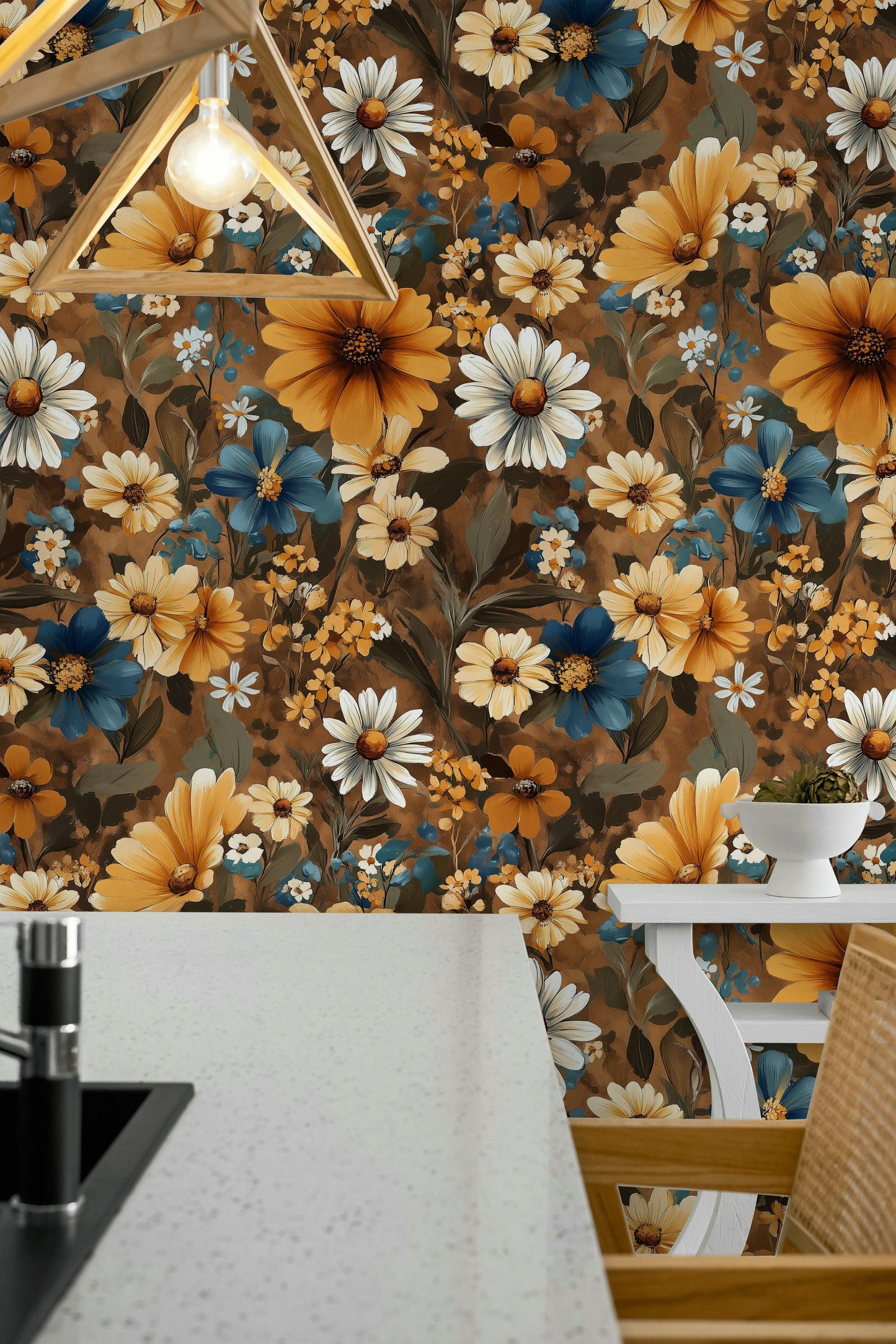 Earthy Daisy Floral Wallpaper Warm Rustic Wall Mural