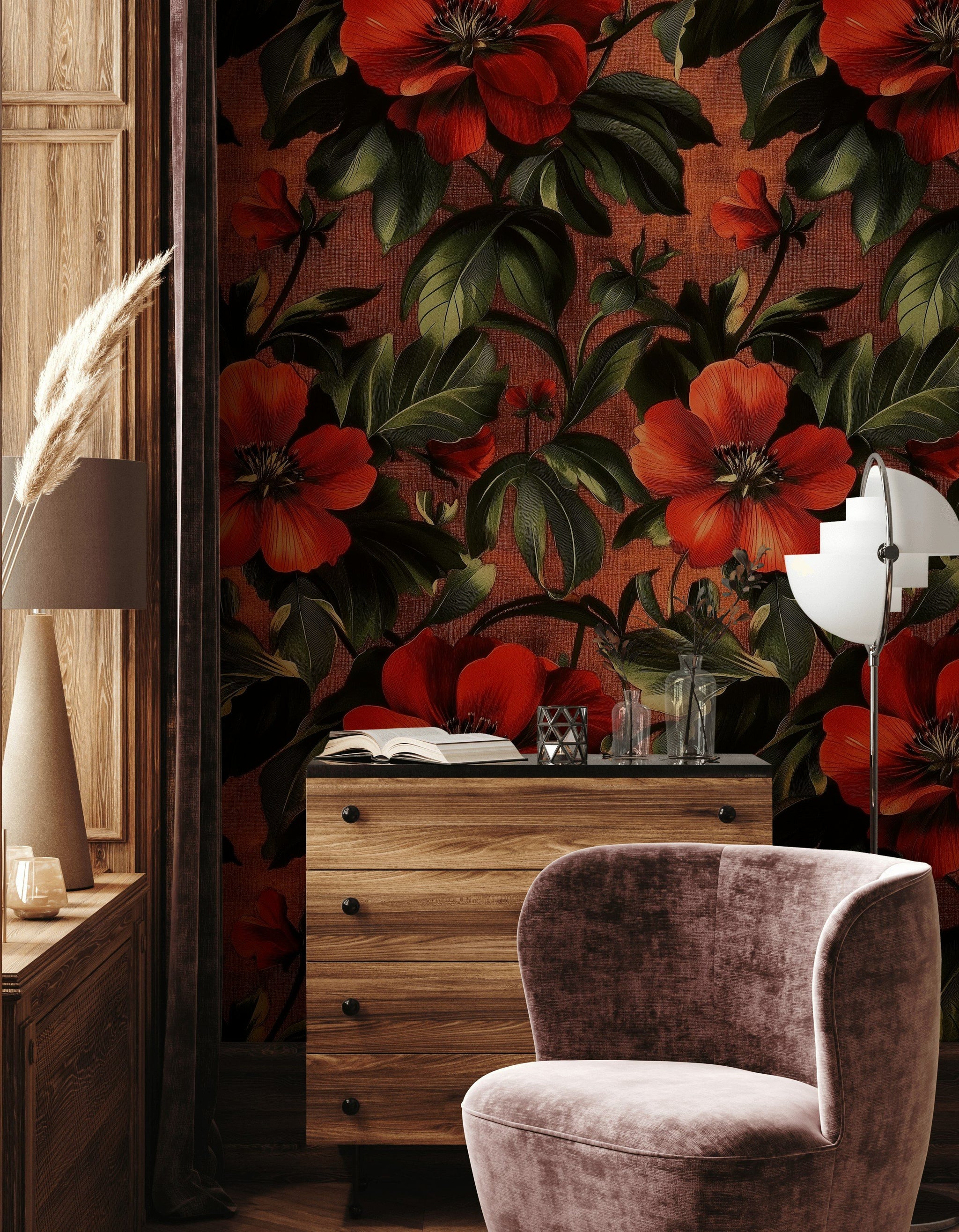 Rich Black and Orange Large Floral Wallpaper