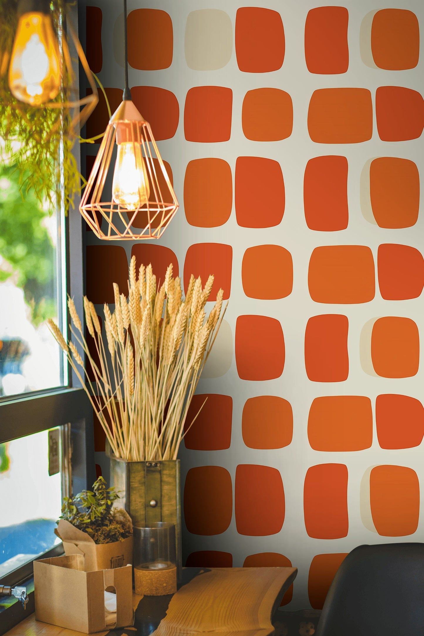Retro Orange Squares Wallpaper Mid-Century Modern Wall Mural